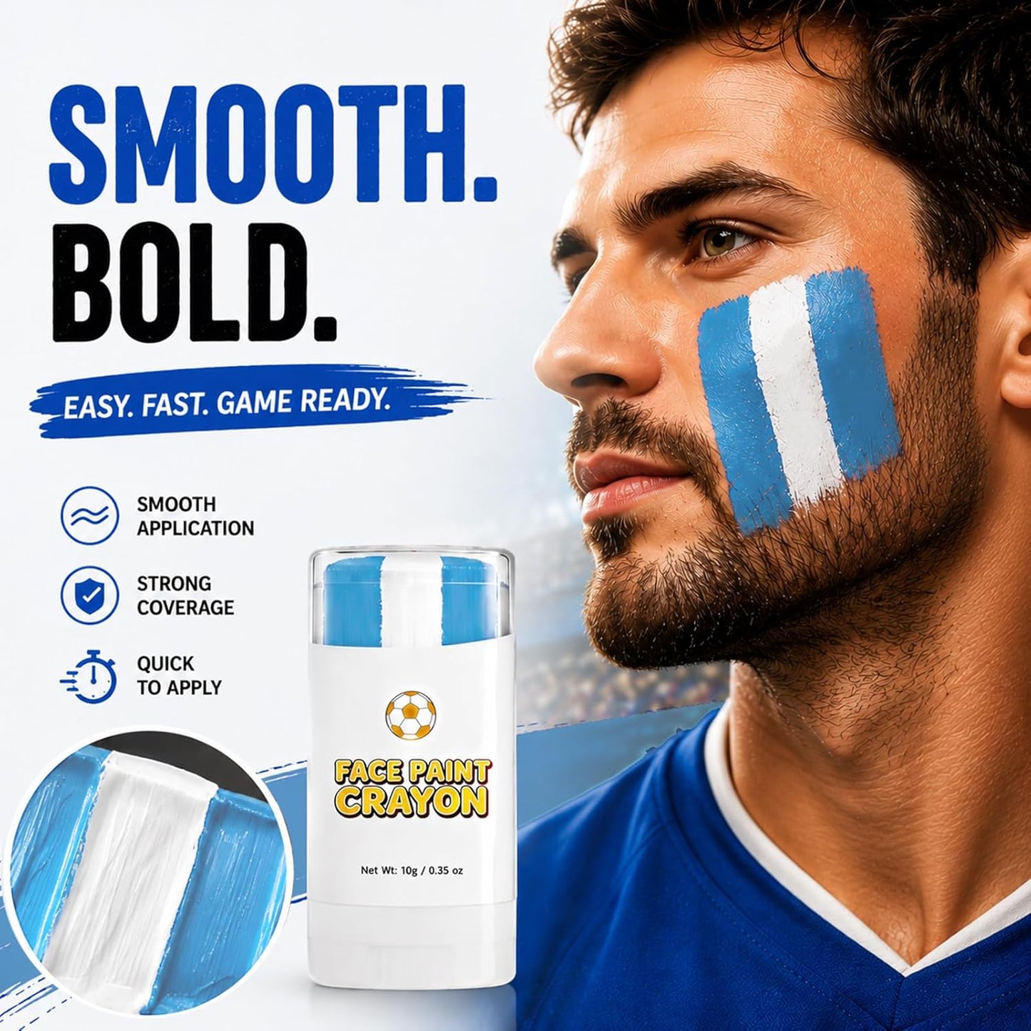 Face Paint Stick - Blue & White Argentina Soccer Fan Makeup | Washable, Non-Toxic Crayon for Game Day, Softball & Football