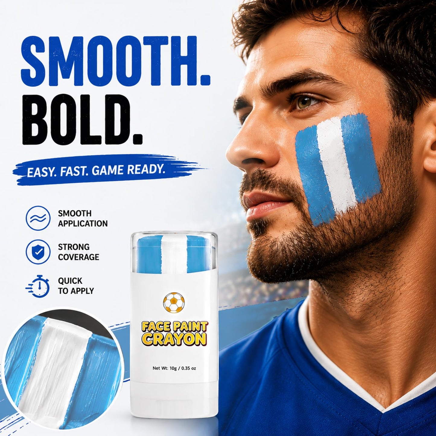 Face Body Paint Stick Blue White Blue,Argentina Soccer Fan Face Paint Crayon for World Cup 2026,One Swipe Game Day Face Makeup,Washable Flag Face Paint,Non-Toxic,for Softball,Football,Baseball