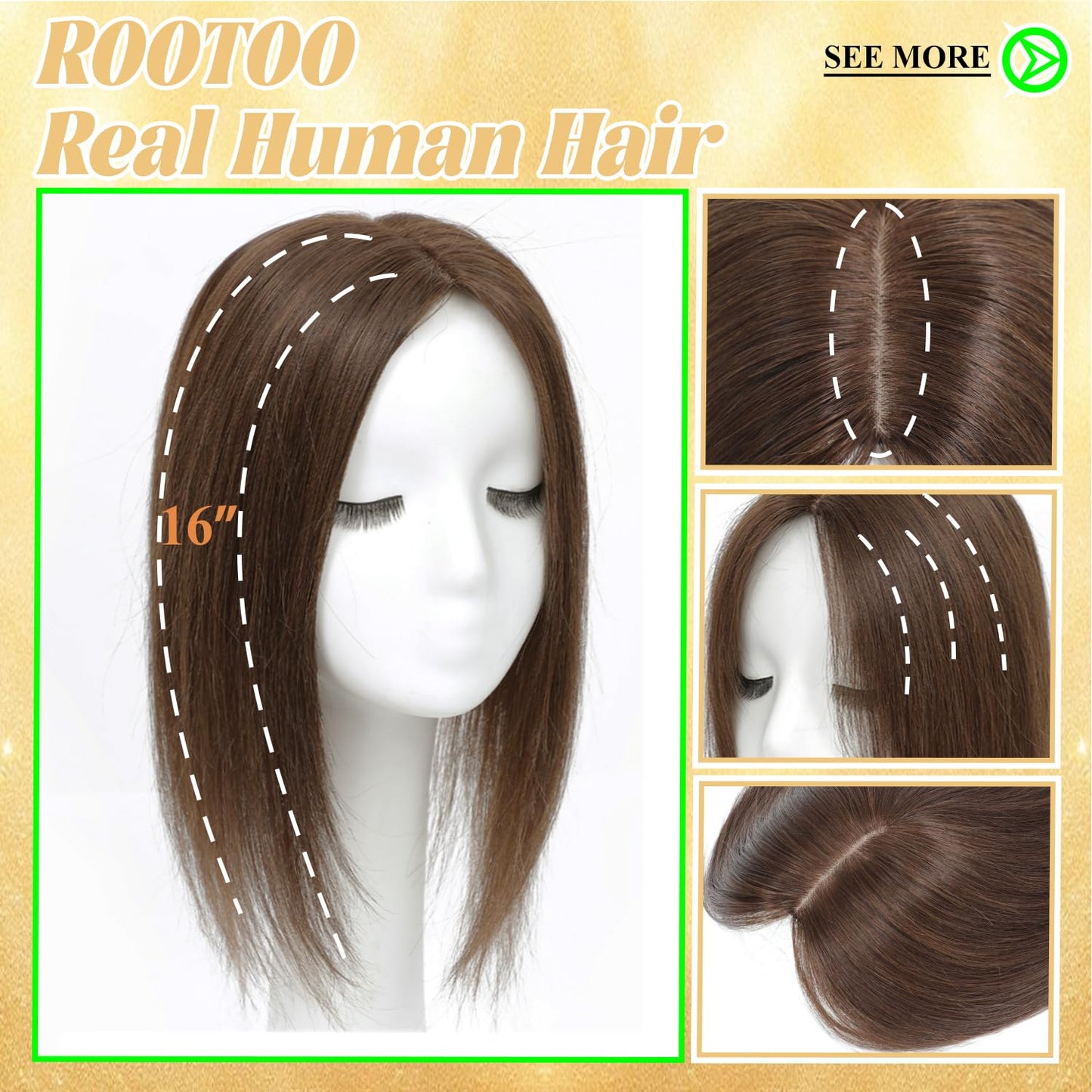 Hair Toppers for Women - Real Human Hair 14-Inch Clip-In Scalp Topper | Mocha Brown, 360° Coverage