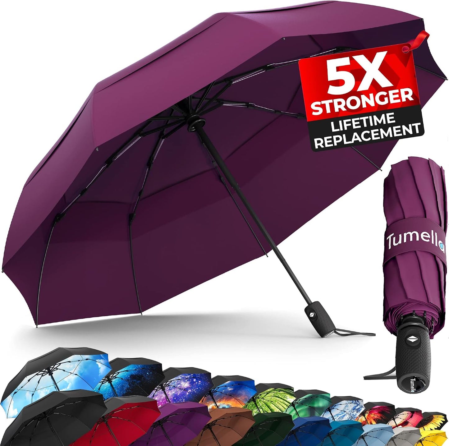Strongest Windproof Travel Umbrella - Compact, 100MPH Tested | Lightweight, Automatic Folding, One-Handed Use