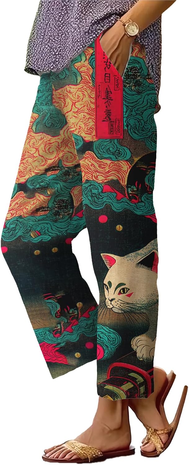 Womens Plus Size Floral Boho Capris - Elastic Waist Beach Trousers | Casual Summer Pants