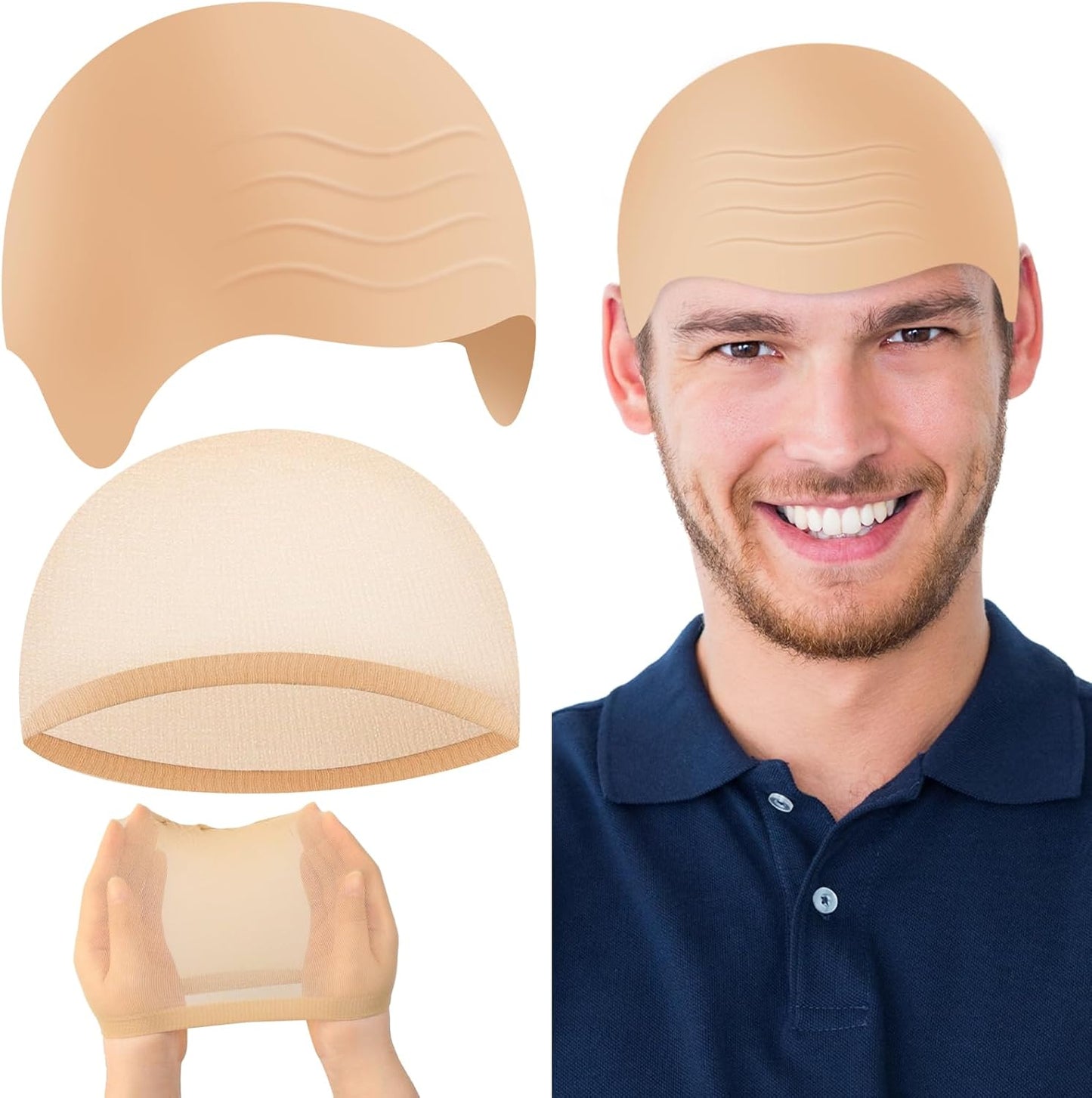 Latex Bald Cap Set - Adult Bald Cap & Nylon Wig Caps for Halloween, Cosplay & Costume Parties