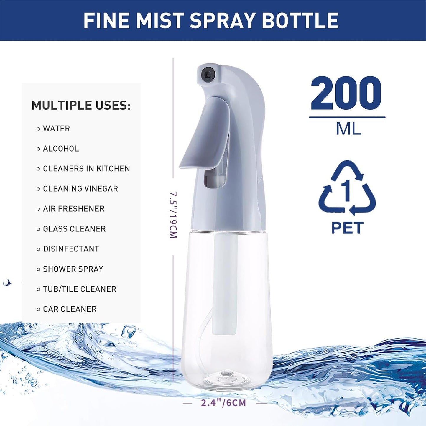 Continuous Spray Bottle for Hair - Ultra Fine Mist Refillable Plastic Mister | 6.8oz Dusty Blue