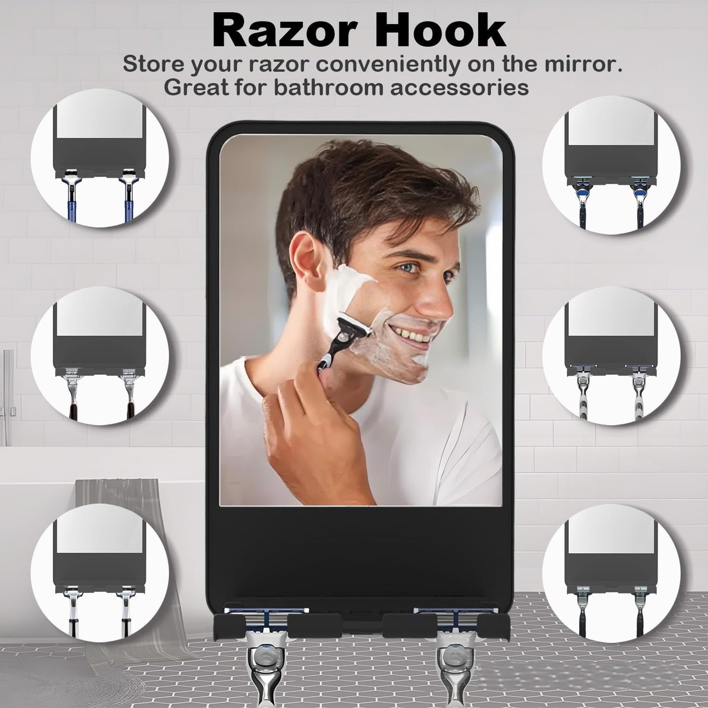 Fogless Shower Mirror for Shaving - Multifunctional Storage for Razor & Foam | Adjustable Angle, Black