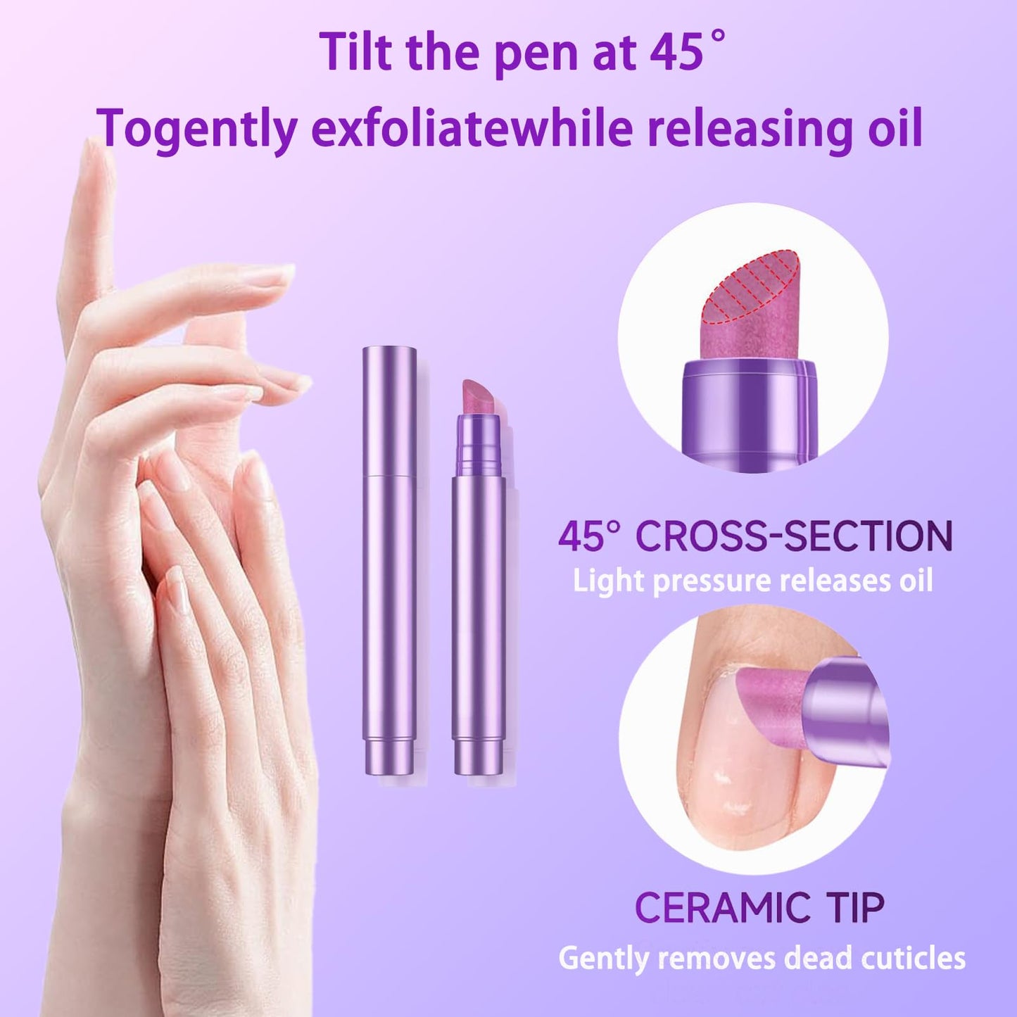 3-in-1 Cuticle Oil Pen,Cuticle Pusher Nail Oil Pen with Ceramic Tip,Cuticle Treatment for Hangnails, Dry & Damaged Nails, Nail Cuticle Remover, Moisturizes & Strengthens Nails（2 Pcs）