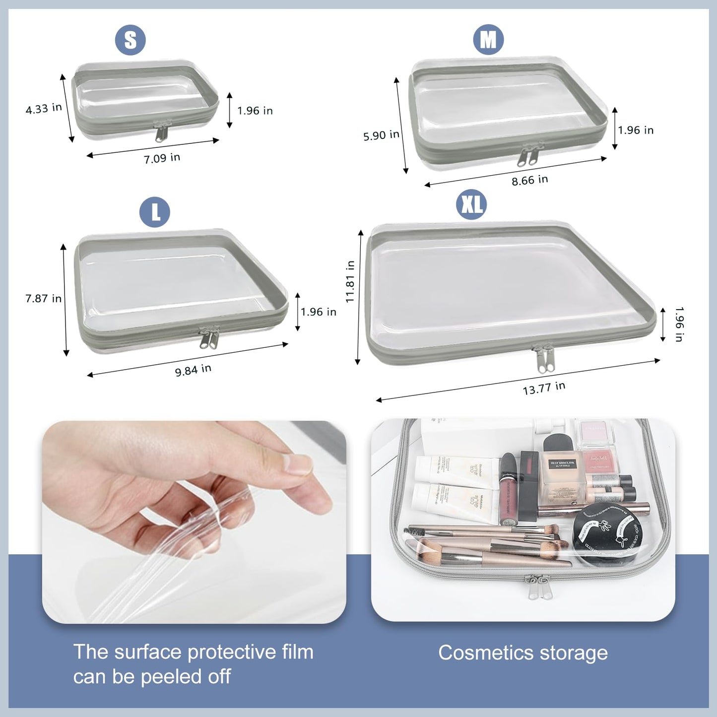 Bifrgmy 4PCS Clear Hard Shell Double-Zipper Pouches, Transparent Plastic Organizer Bags for Travel Cosmetics, Toiletries, Toy Storage & More (Grey)