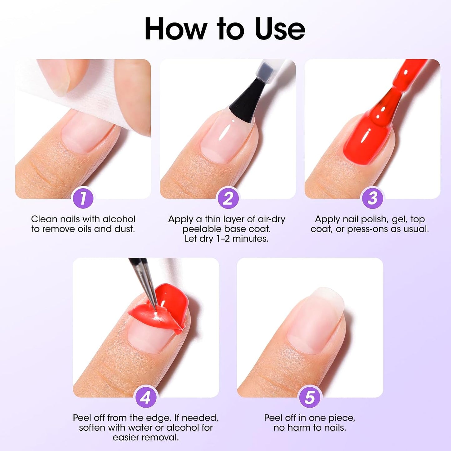 Quick Dry Peel Off Gel Base Coat - Lamp-Free, Non-UV Formula for Weak Nails | Easy Removal for Beginners