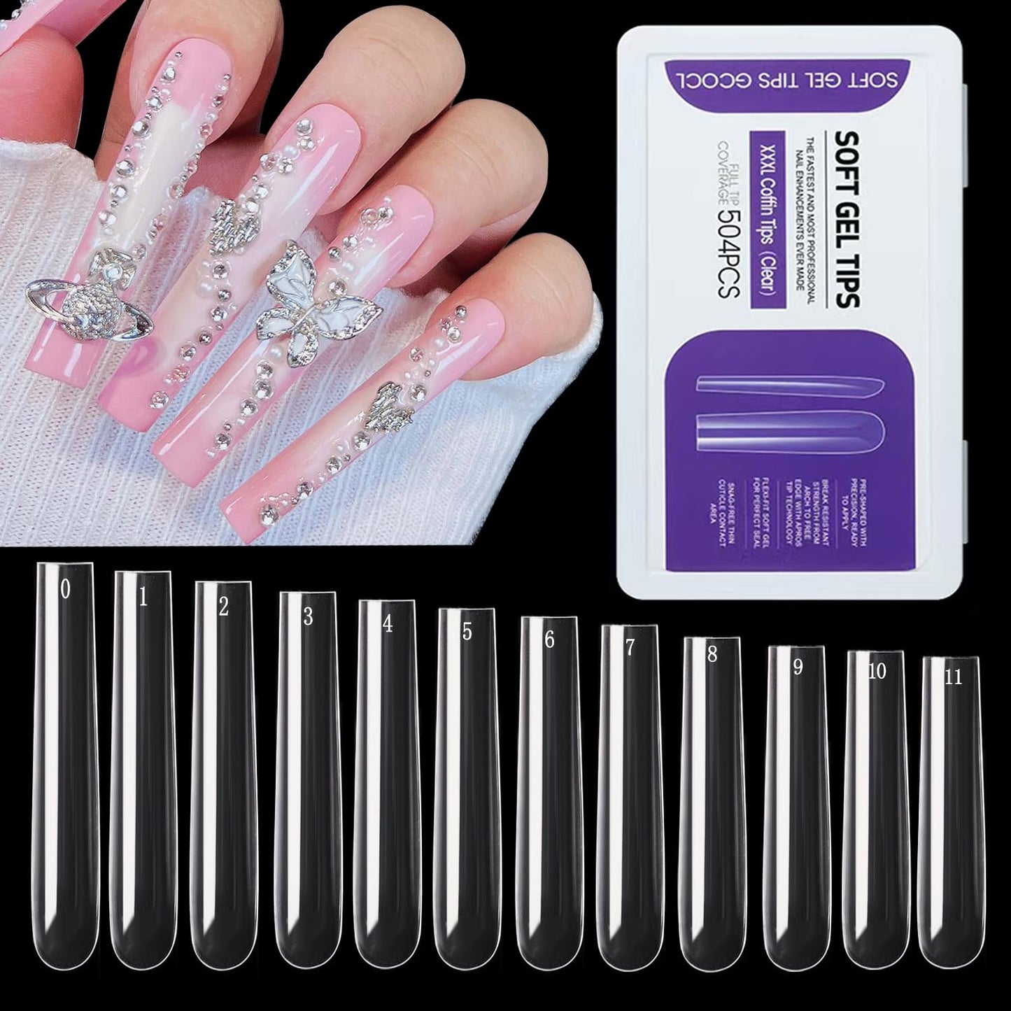 Stiletto Nail Tips - 600PCS XXXL Extra Long Full Cover for Acrylic Nails | 12 Sizes Clear Flattened Fake Nails