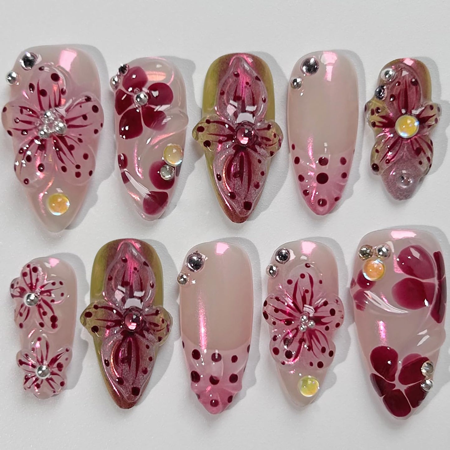 Floral Press-On Nails - 24Pcs Medium Almond Fake Nails with Rhinestones | Purple Full Cover Spring Acrylic