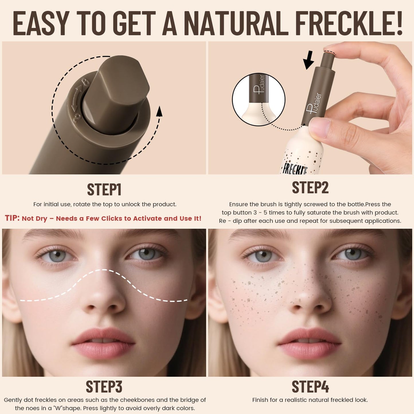 Pudaier 2Pcs Freckle Stamp - Waterproof Faux Freckle Pen, Natural-Looking Freckle Makeup, 5-Point Quick Dry Long-Lasting Magic Fake Freckles Marker for Sunkissed Makeup (#3-Coffee + #4-Caramel)