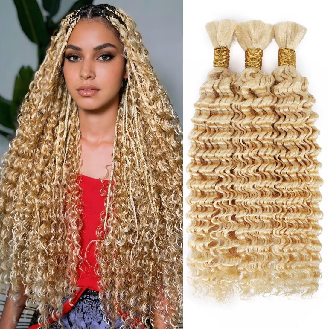 Boho Hair for Braiding, Curly Virgin Human Braiding Hair for Women, 12A Knotless Deep Wave Bulk Bohemian Styles, 150g 22 Inch 3 Bundles/Pack Blonde Color 613