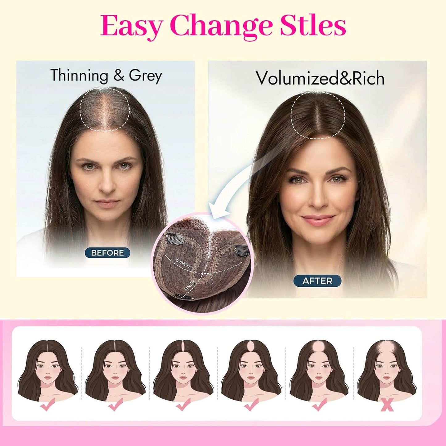 Black Synthetic Hair Toppers for Women - 5x6 Inch Large Base, Clip-In Wispy Bangs, 24 Inch Long Layered