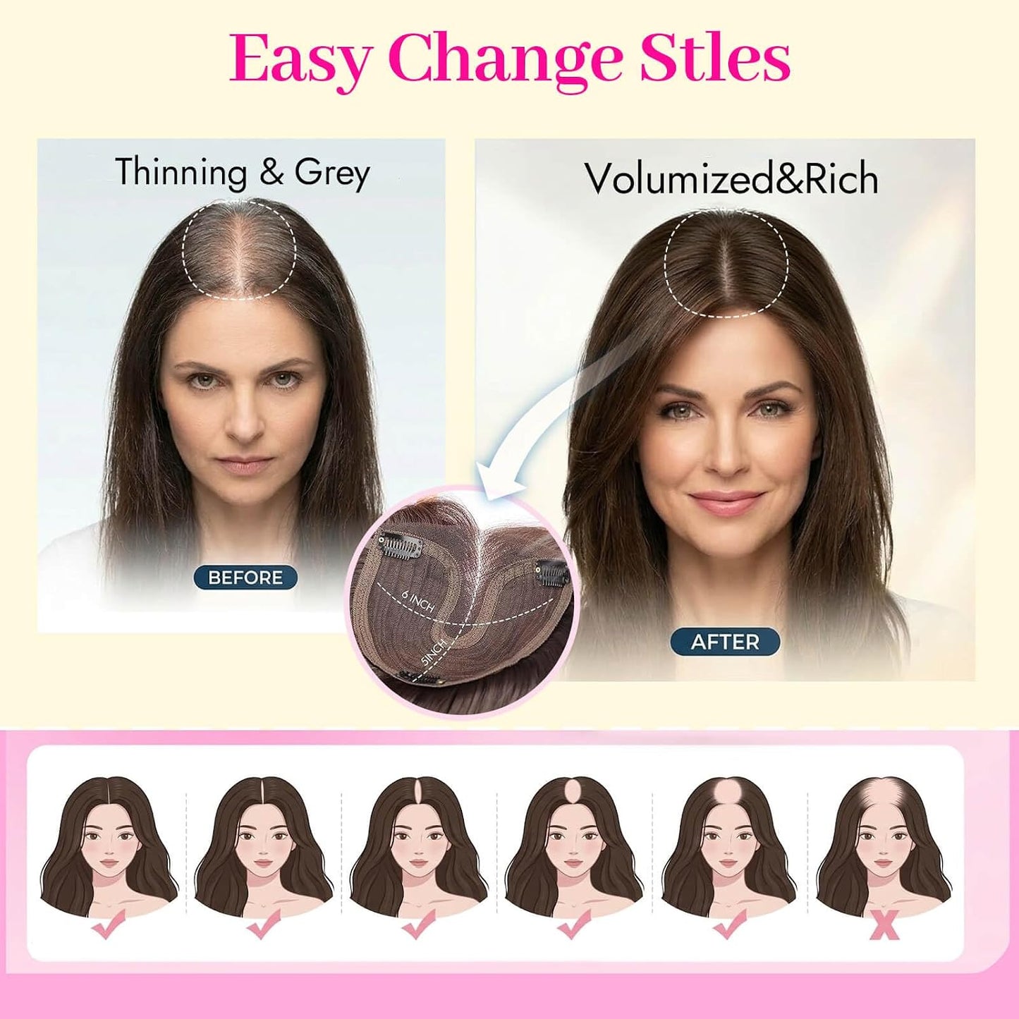 Ash Blonde Synthetic Hair Toppers with Platinum Highlights - 18" Long, 5x6" Base for Thinning Hair, Clip-In Wispy Bangs