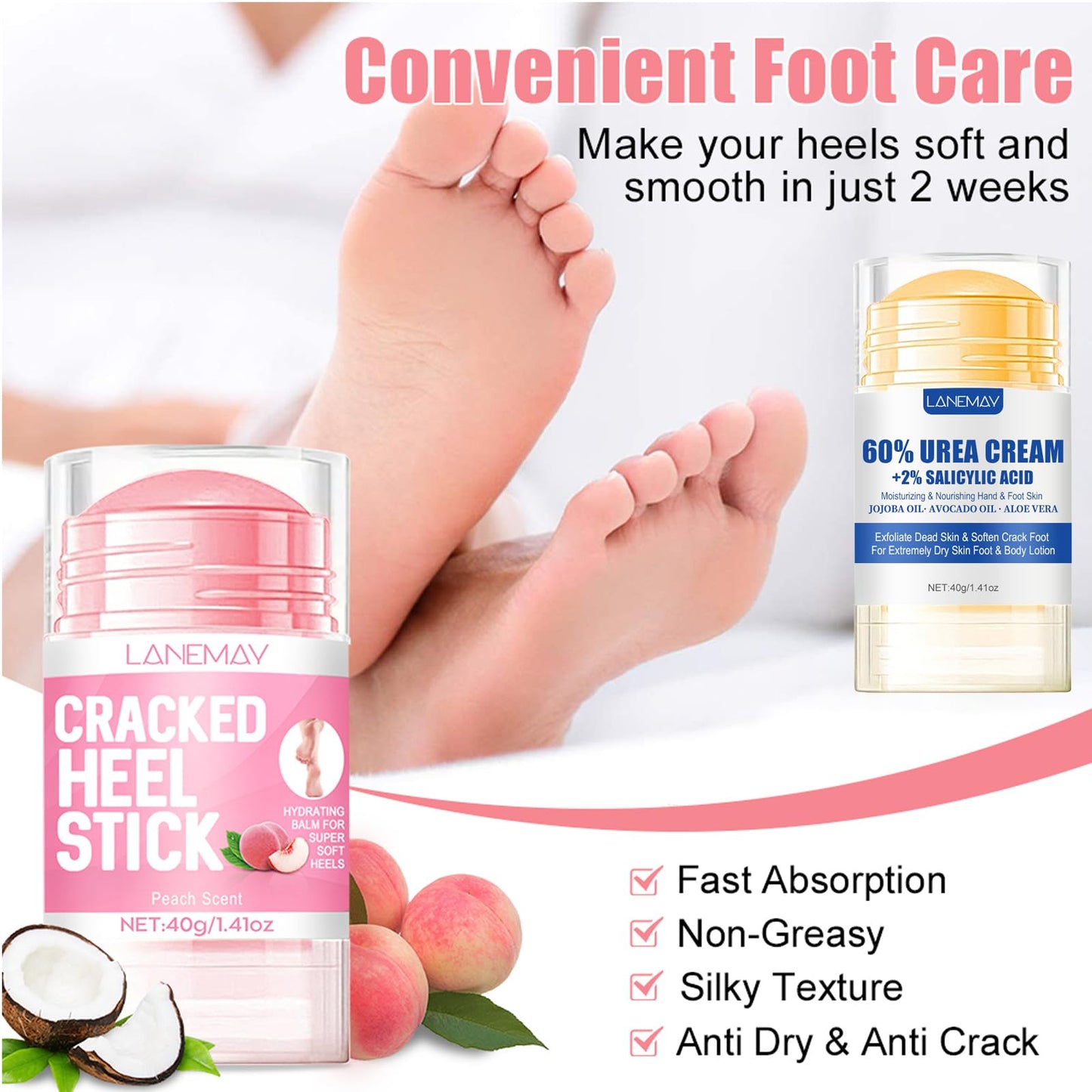 DENESTUP 2Pcs Urea Cream 60% for Feet & Dry Cracked Skin, Cracked Heel Repair Stick Maximum Strength Moisturizing Foot & Hand Balm, Repair Creams for Dry Feet, Knee, Elbow and Hand