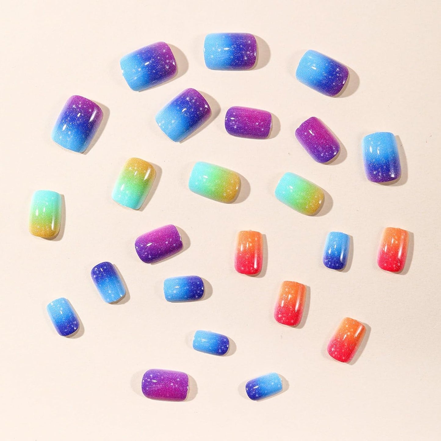 Colorful Press-On Nails - Short Square Acrylic Nails with Gradient Rainbow & White Dots | Full Cover DIY Manicure