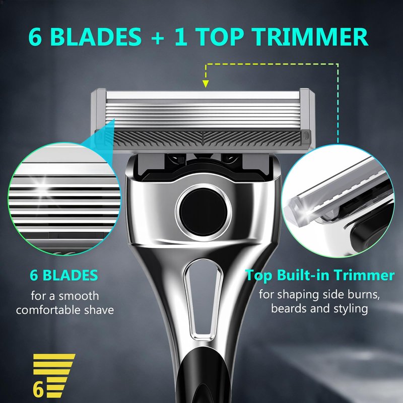 FYNEDGE Professional 6-Blade Men's Razor with Lubricating Strip & Precision Trimmer, 45° Pivoting Head, Metal 1 Handle +2 Blade Refills, Includes Cleaning Brush & Wall Mount