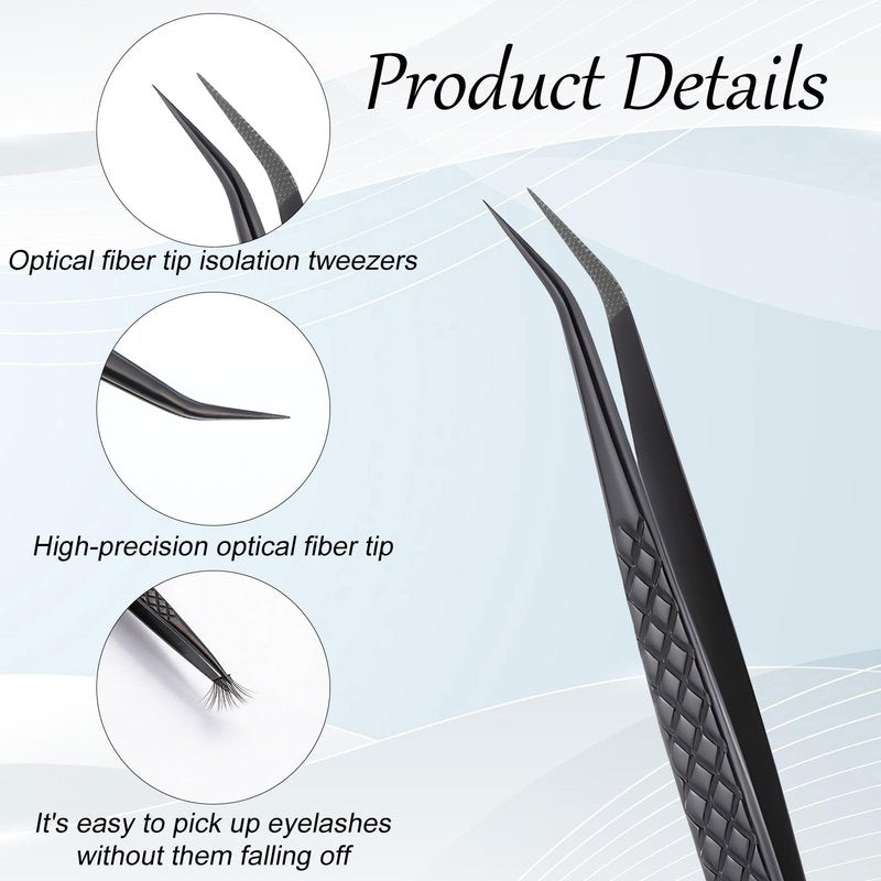 Eyelash Extension Tweezer Professional Lash Tweezers for Eyelash Extensions Fiber Tip Diamond Grip Isolation Tweezer Precision Stainless Steel Curved Tweezers for Classic and Volume Lash