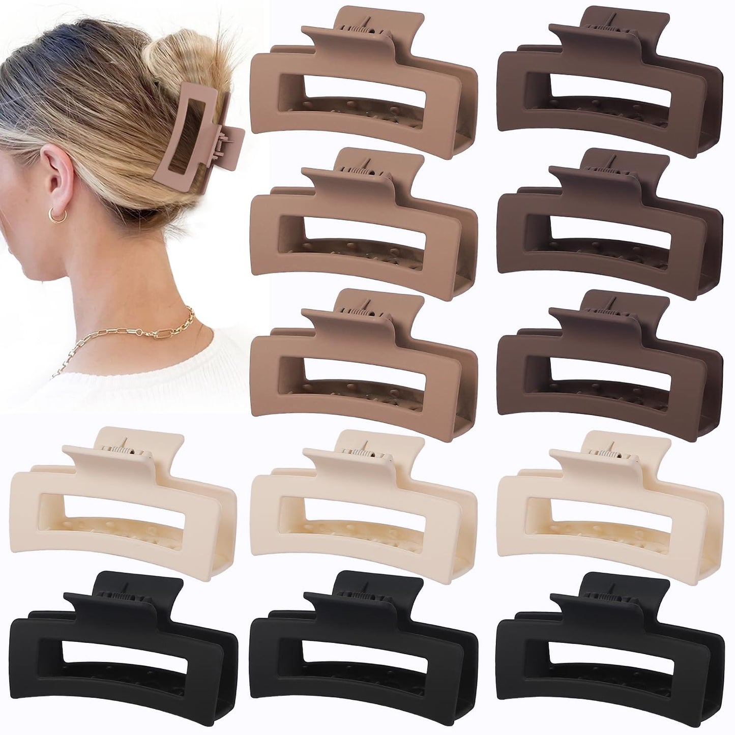 3.5 Inch Medium Hair Accessories - 12 Pcs Square Jaw Clips for Thick & Thin Hair | Rectangular Basic Color Clips for Women & Girls