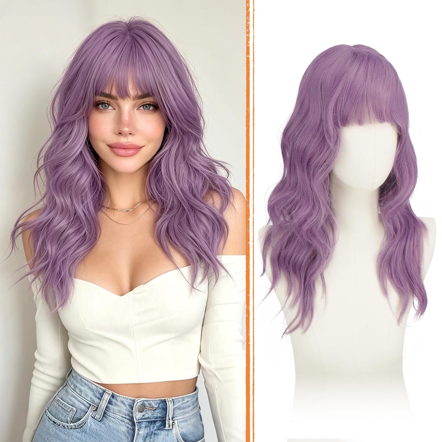 Brown Wigs with Bangs - 20-Inch Long Soft Wavy Synthetic Heat-Resistant Hair Wig for Women | Natural Look