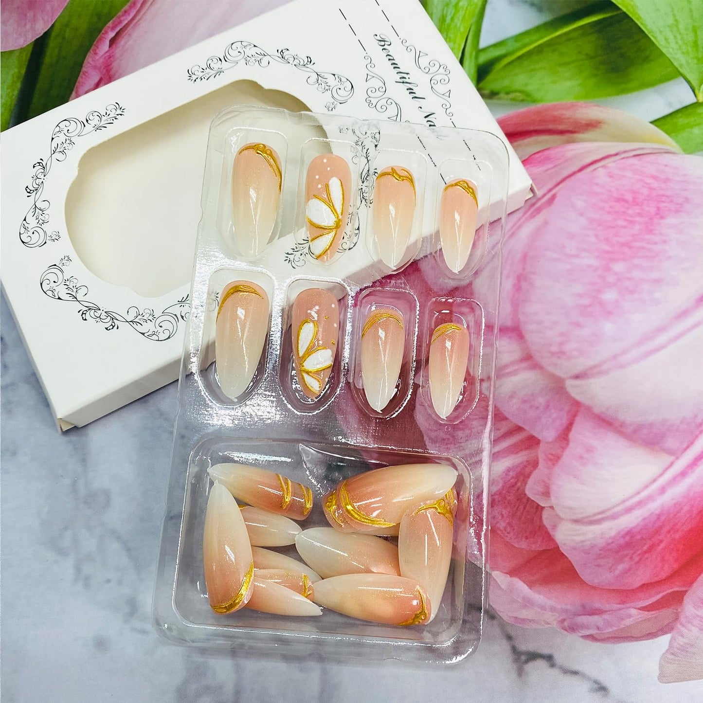 Flower Press On Nails - Medium Almond False Nails with White Gradient Design | Reusable Glossy Acrylic for Women