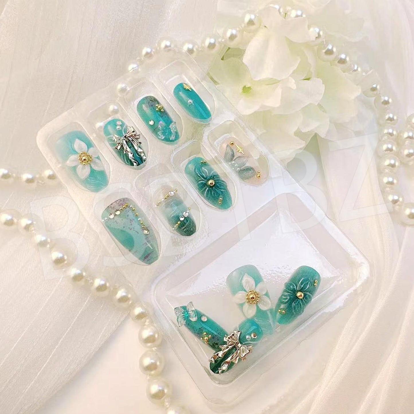 Handmade Blue Press-On Nails - 30Pcs Medium Almond Design with Gold Beads & Rhinestones | Full Cover 3D Butterfly & Flower Patterns