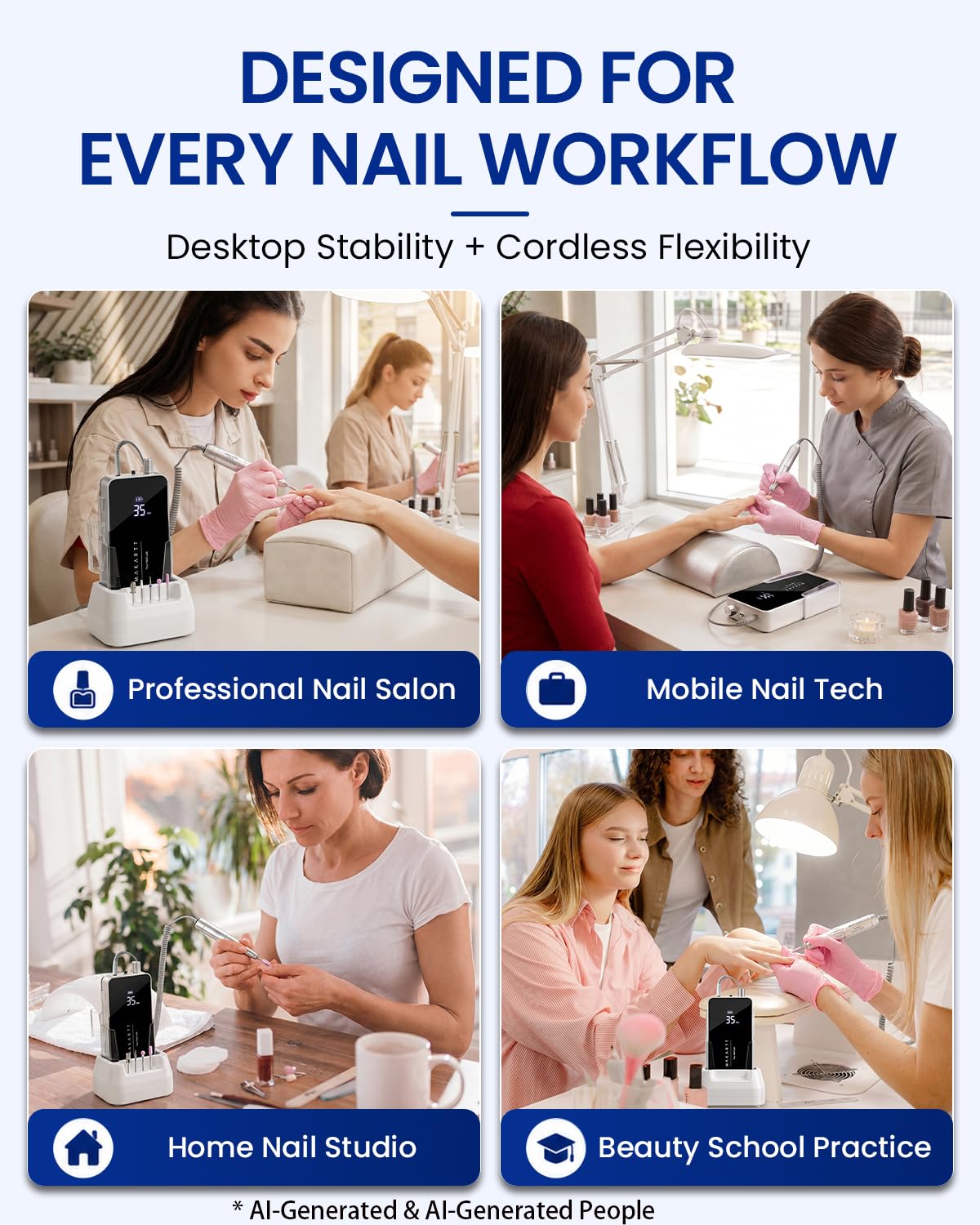 Makartt Nail Drill Professional, 35,000RPM Electric Nail File for Acrylic & Gel Removal, 60W Coreless Motor, 2-in-1 Desktop & Portable, LCD Display, Rechargeable, Quiet, F&R, Nouvella Black