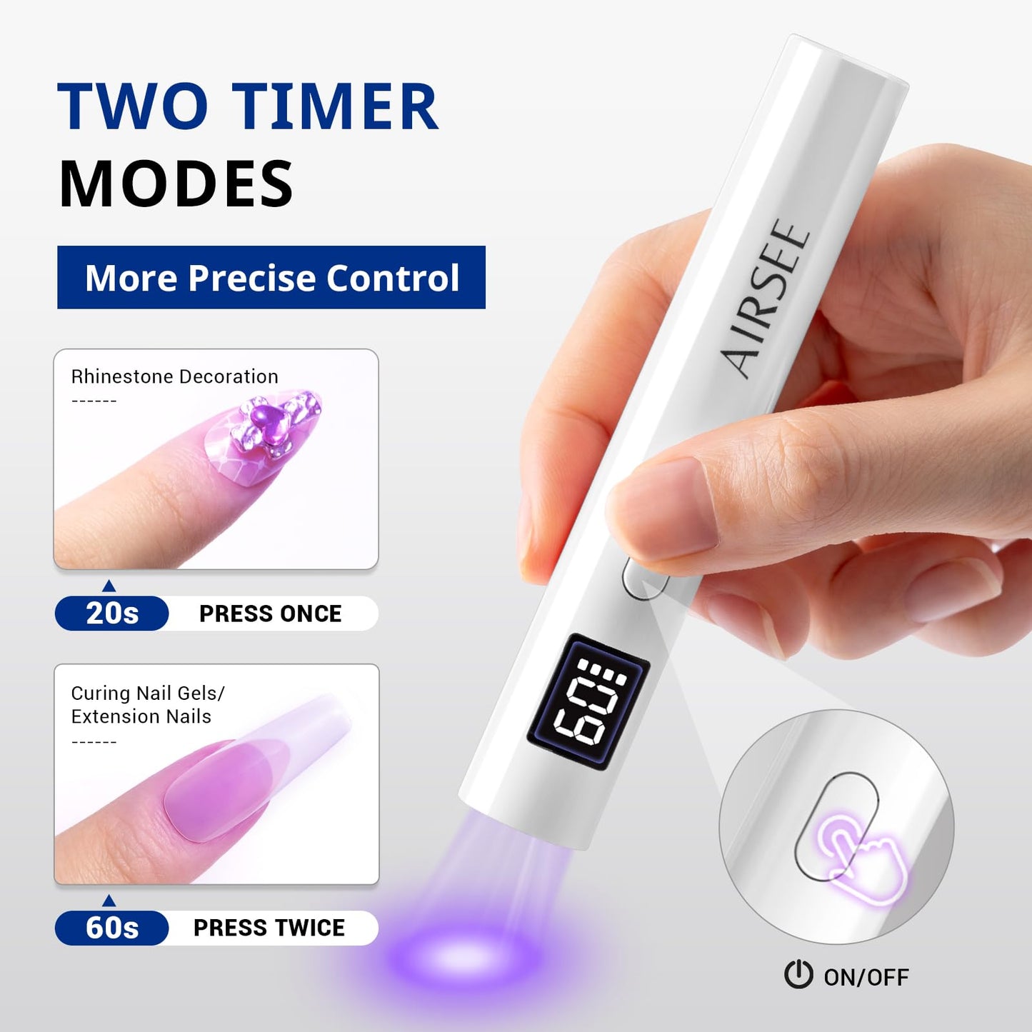 AIRSEE Mini Handheld UV Light with Storage Bag & LCD Display,Cordless Nail Lamps,2 Timers for Fast Cure All Soft Gels, Especially Rhinestone Glue and Gel Nail Strips at Home,Travel(White)