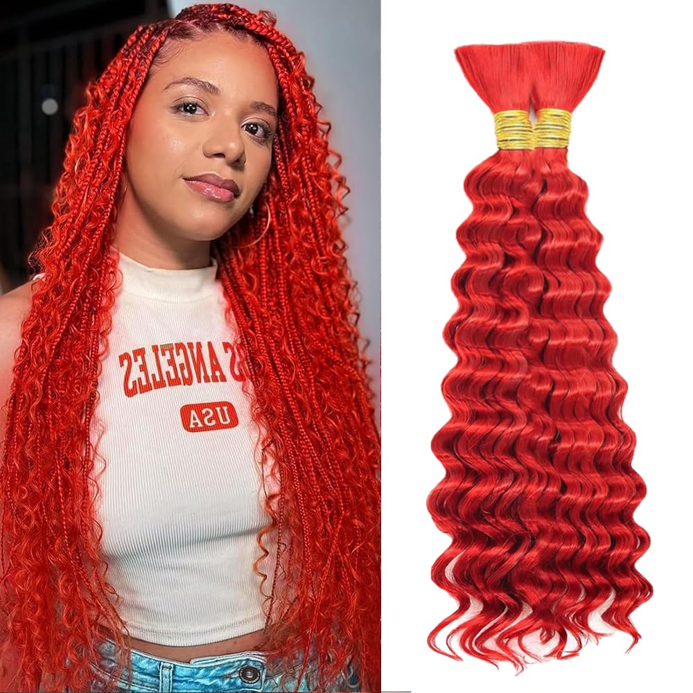 Red Boho Hair for Braiding Deep Wave Human Braiding Hair 100g 16 Inch Deep Wave Bulk Human Hair Braiding Wet and Wavy Human Braiding Hair for Boho Braids Red Curly Human Hair Extensions