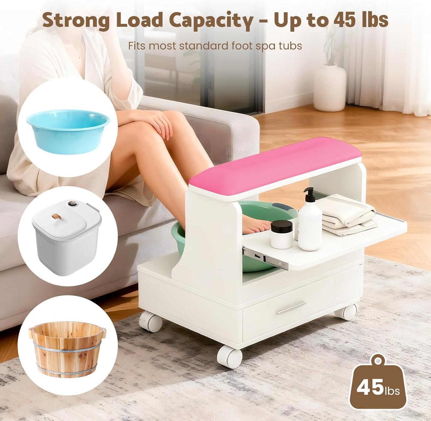 Rolling Pedicure Foot Rest Stool - PU Cushion Spa Station with Storage & Wheels | Pink