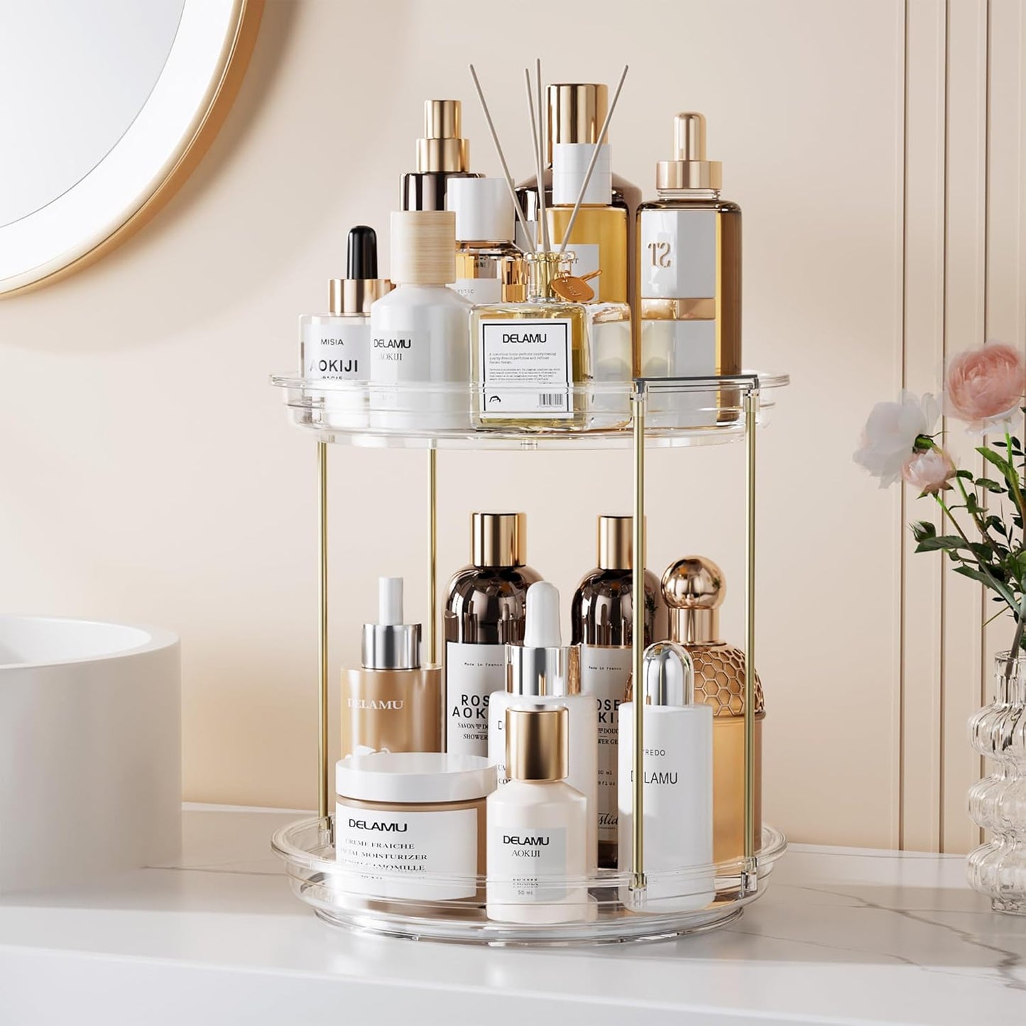 Rotating Makeup Organizer - 2 Tier Stackable Vanity Storage | Clear Skincare & Perfume Holder