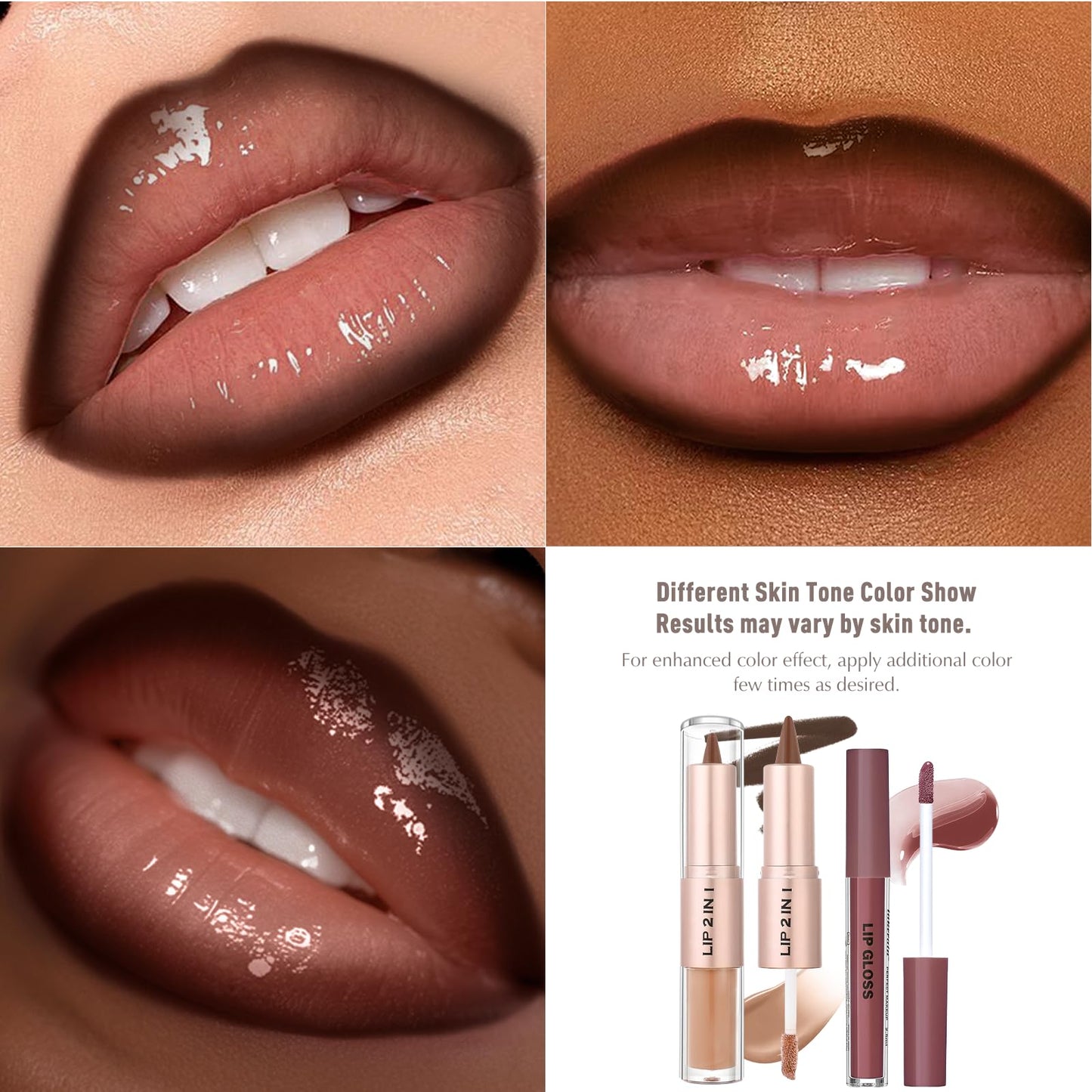 Wugbc Lip Liner and Gloss Set, 2 in 1 Lip Duo Brown Lip Liner Pencil Nude Liquid Lipstick with Nourishing Lip Gloss Smooth Plumping Lip Kit High Shine High Pigmented Lip Combo Makeup for Women