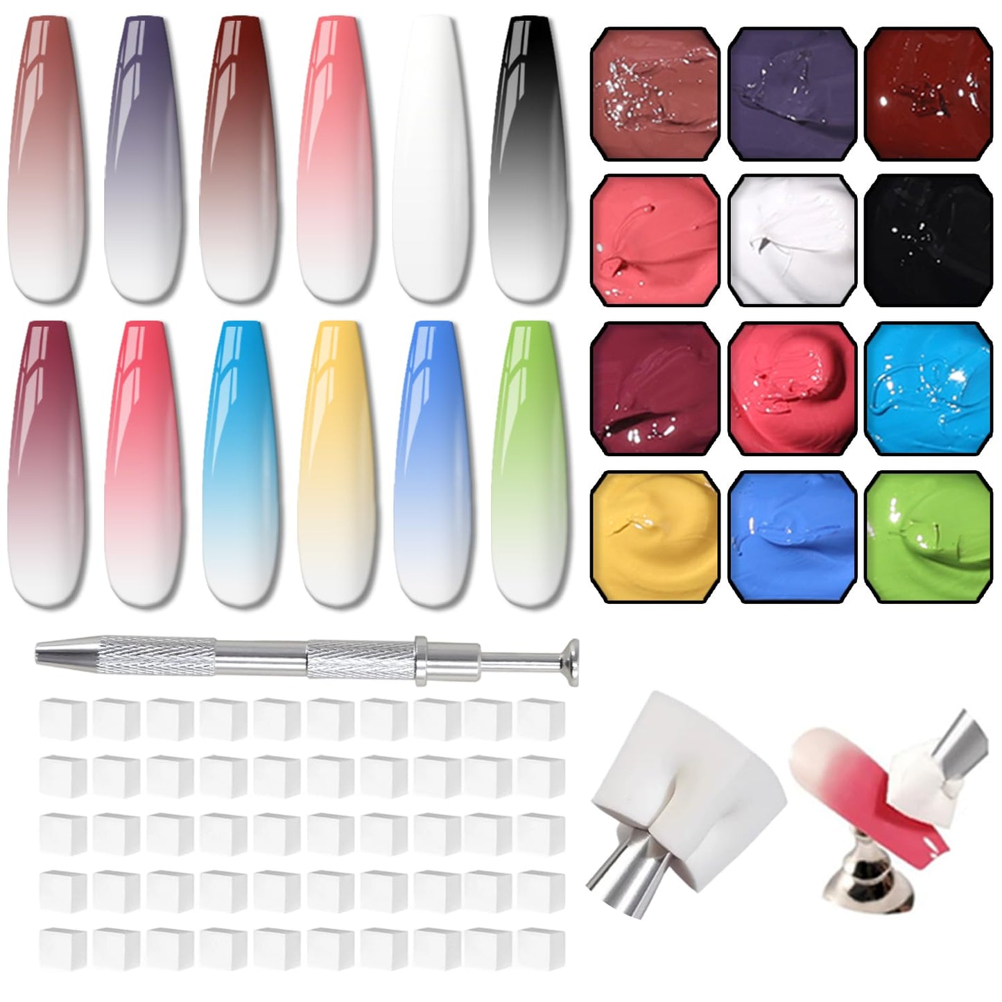 Sponge Pat Gel Nail Polish Palette - 12 Colors Ombre Gradient Art | No Wipe, UV/LED Cured