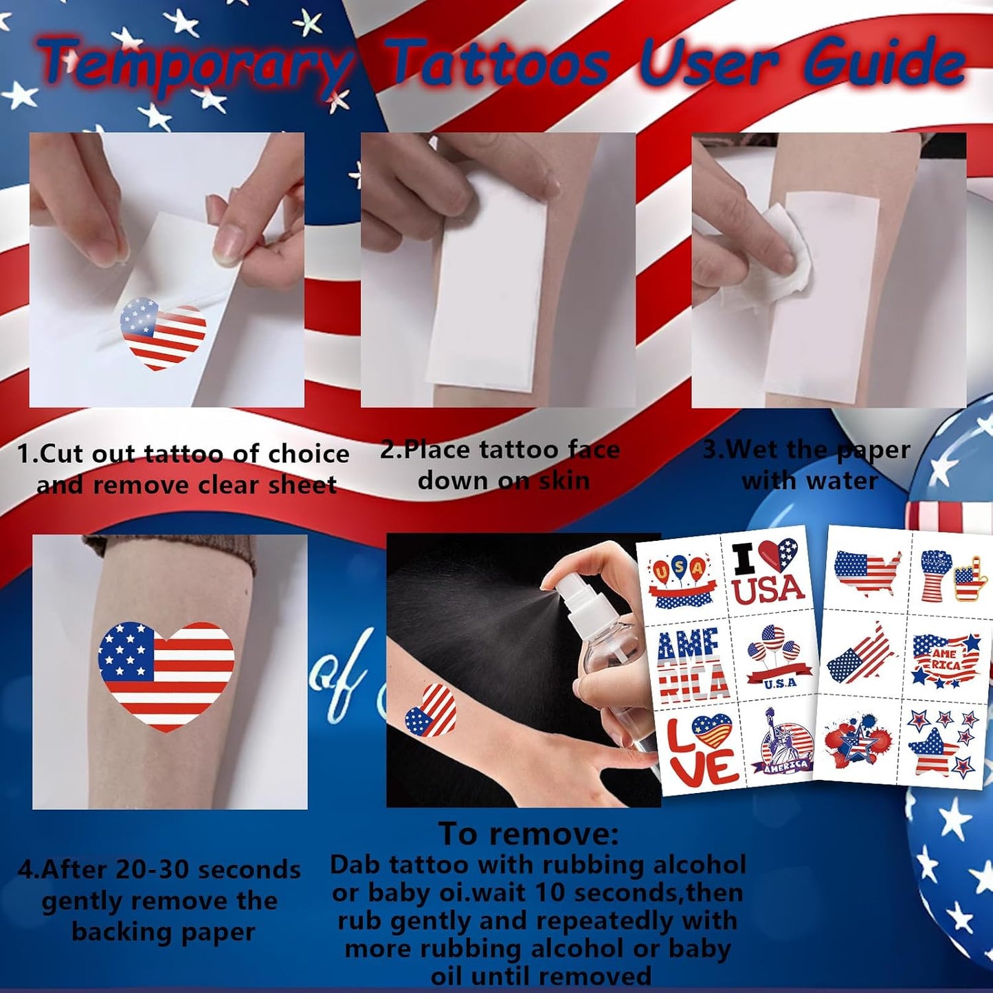 Patriotic Temporary Tattoos - 180 Pcs Red, White & Blue USA Flag Designs | Perfect for 4th of July Celebrations