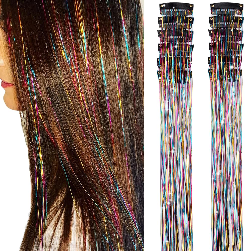 Clip In Hair Tinsel Extensions - 20 Inch Glitter Strands for Festivals | 12 Pcs Black Dazzle Kit for Women & Girls