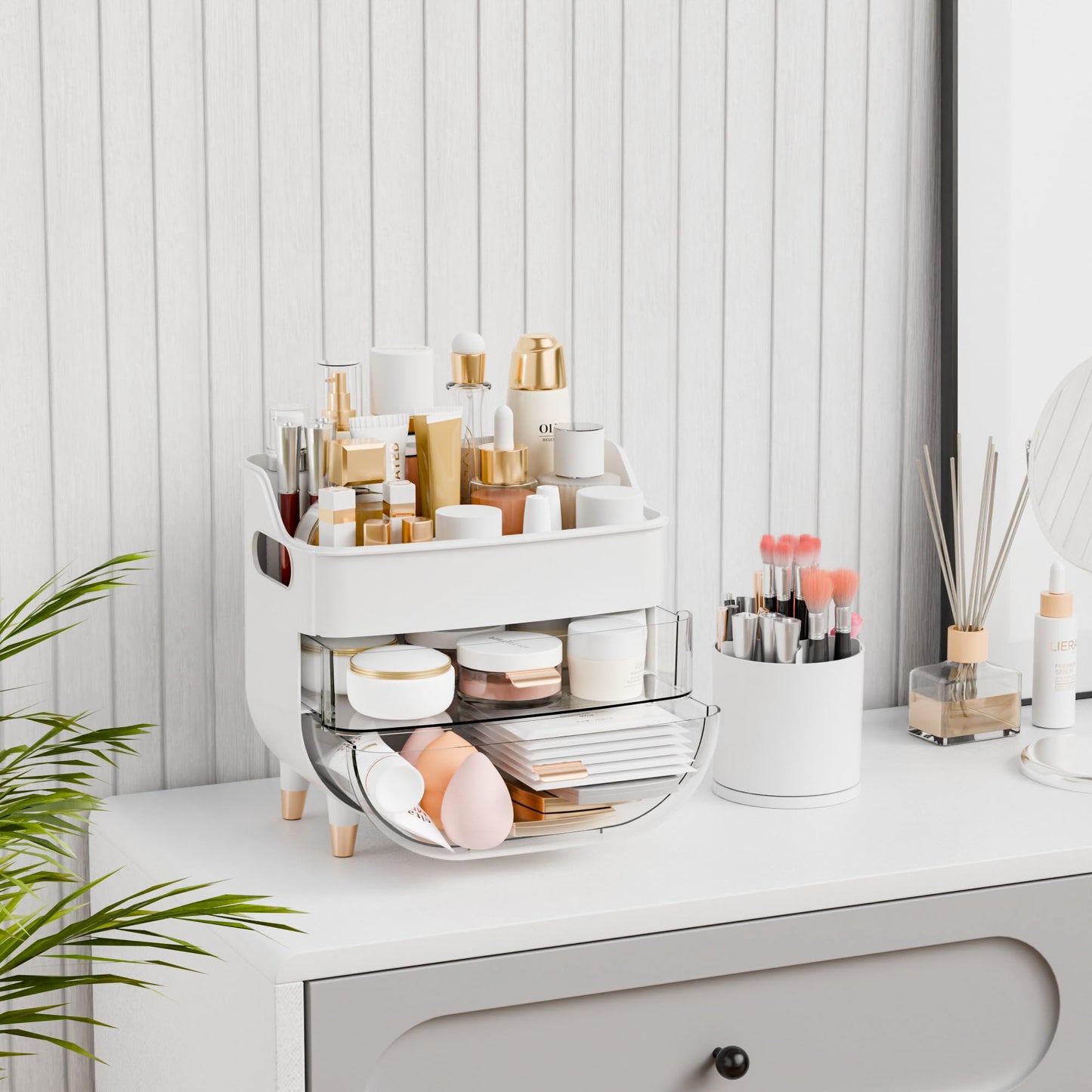 Yieach White Make up Organizers for Counter,Vanity and Dresser,Bathroom Makeup Organizer Countertop,Large Makeup Storage Organizer for Hair Tool,Beauty Products,Skin Care and Cosmetic Display Cases
