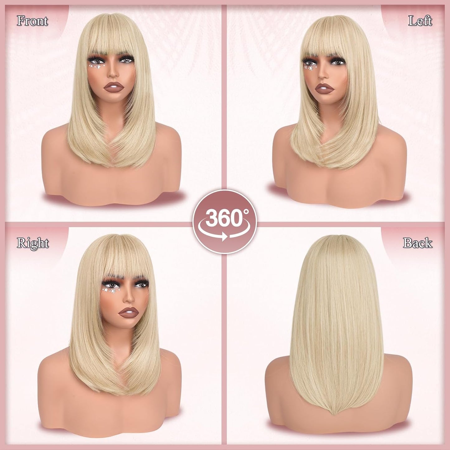 Blonde Bob Wigs with Bangs - Shoulder Length Straight Synthetic Hair | 16 Inch Platinum Blonde