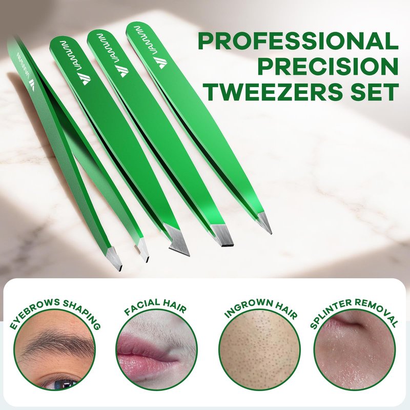 VANWIN Tweezers Set, 4 Pack Professional Stainless Steel Precision Tweezers with Slant, Pointed, Flat & Angled Tips for Eyebrow, Facial Hair, Ingrown Hair, Splinter & Blackhead Removal for Women & Men