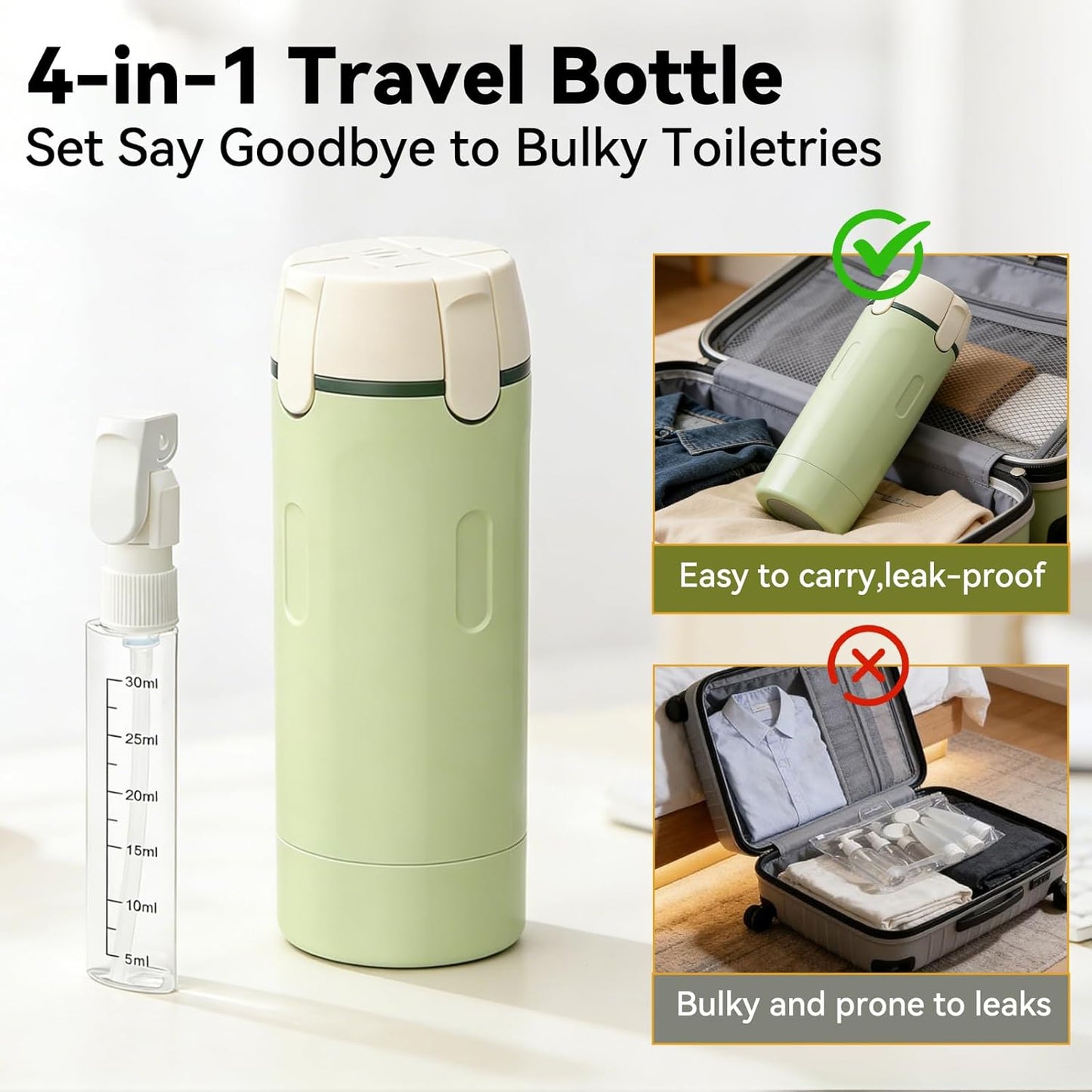 Travel Dispenser Bottle Set - 4 in 1 Leak Proof 30ml Toiletries Containers with Cleaning Brush | Perfect for Shampoo, Conditioner & Travel