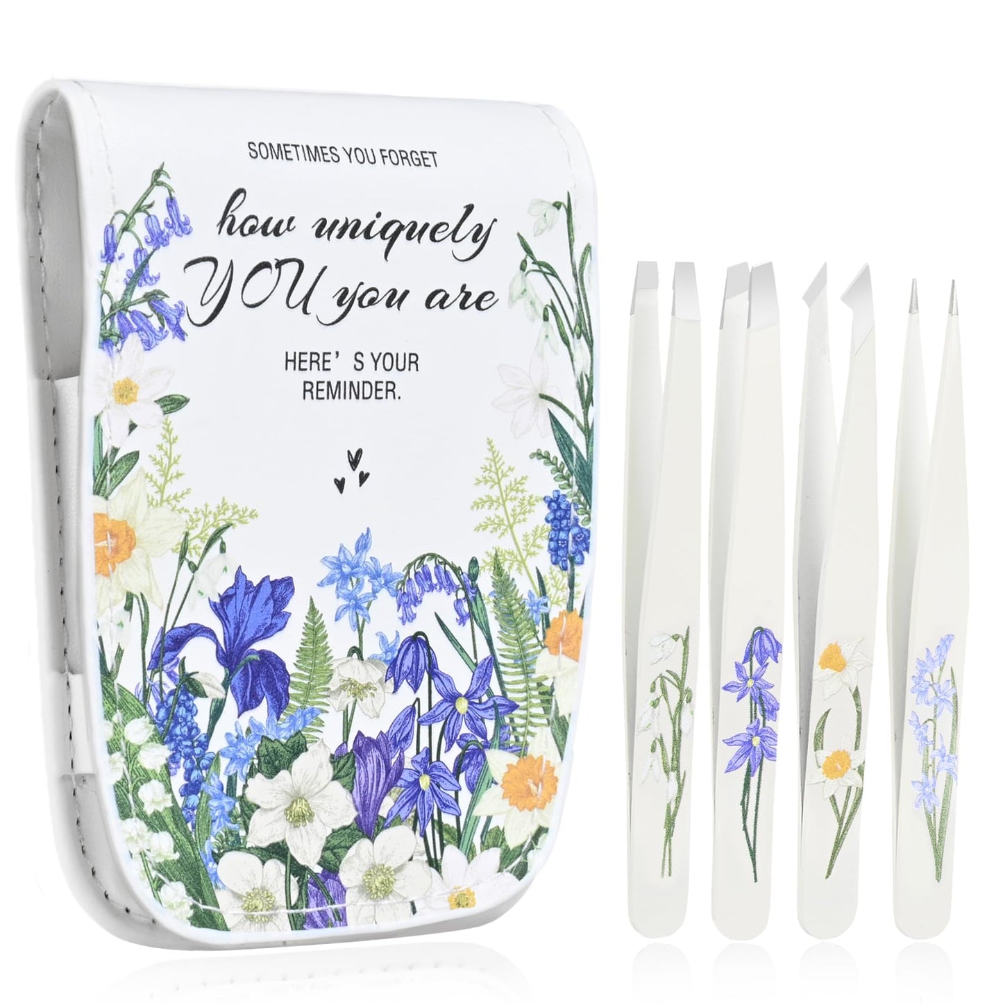 Personalized Tweezers Set for Women Facial Hair in Floral Travel Case, Small Self Care Inspirational Easter Gifts for Her Friend, Eyebrow Ingrown Hair Splinter Removal Grooming Kit How Uniquely You