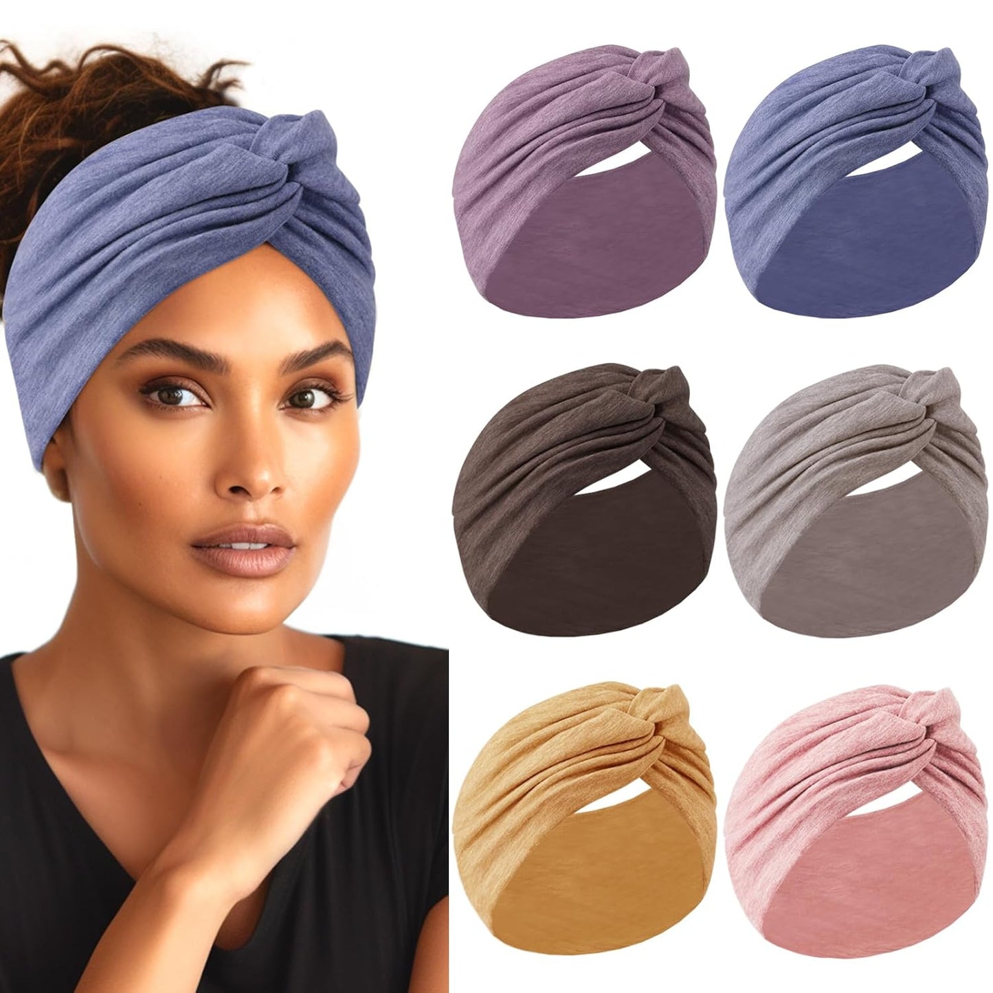 Extra Wide Headbands for Women - 7" Large Cotton Turban Knotted Bandana | 3Pcs White & 3Pcs Black