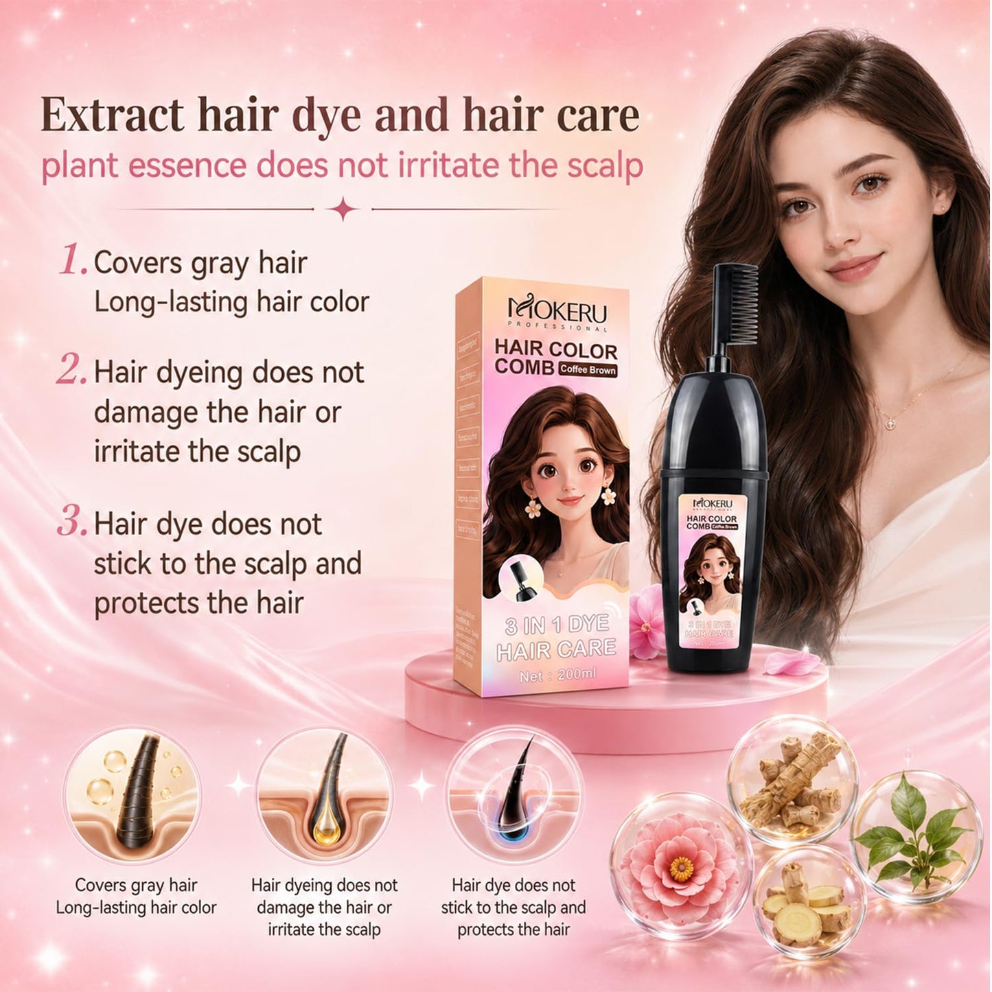 3-In-1 Herbal Hair Coloring Comb | Easy Hair Coloring At Home With Built-In Brush – No Mix, Ammonia-Free, Covers Grays & Nourishes with Argan Oil & Ginseng Suitable for All Hairstyles & Age (200ml)