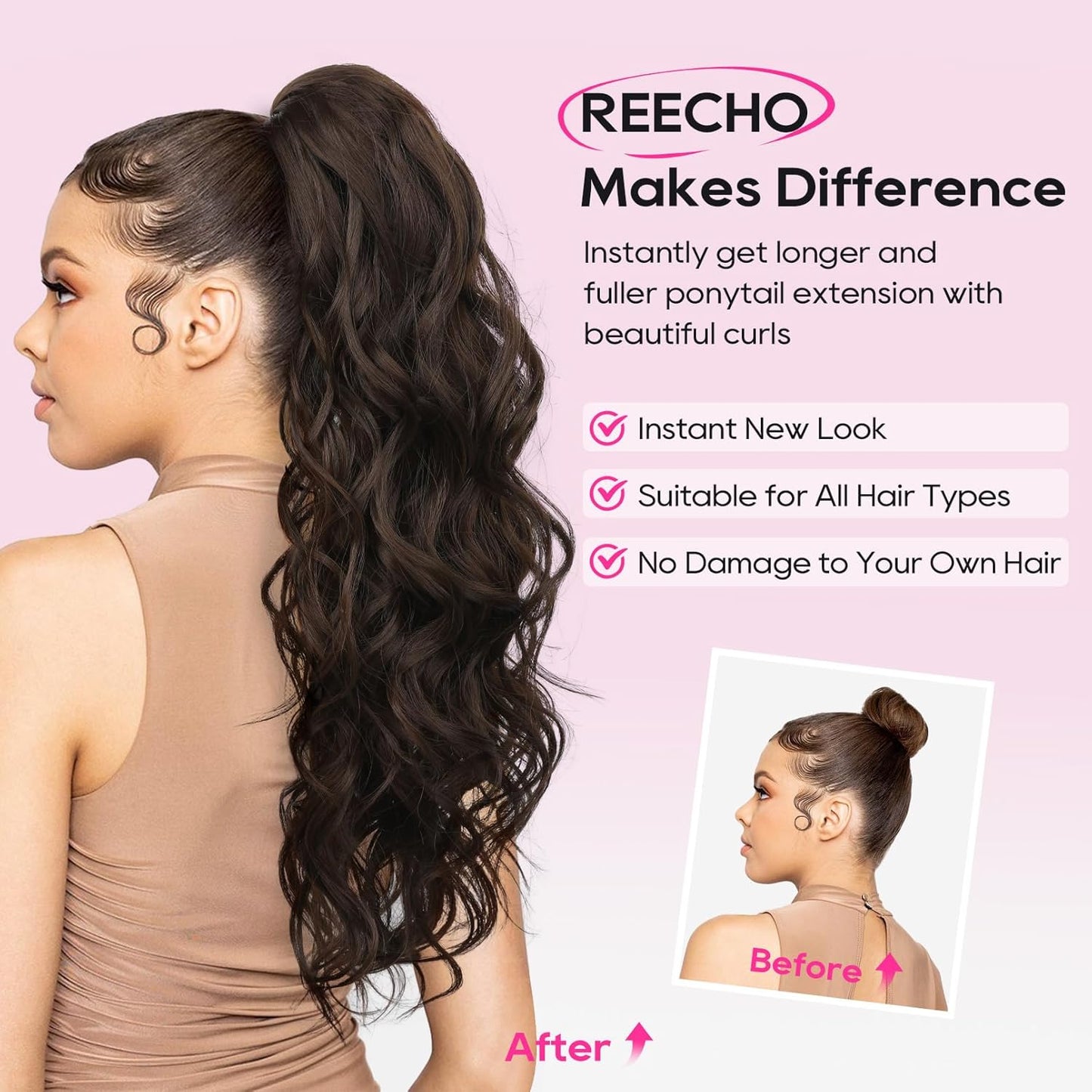 24-Inch Curly Ponytail Extension - Natural Synthetic Hairpiece for Women | Chocolate Brown with Highlights