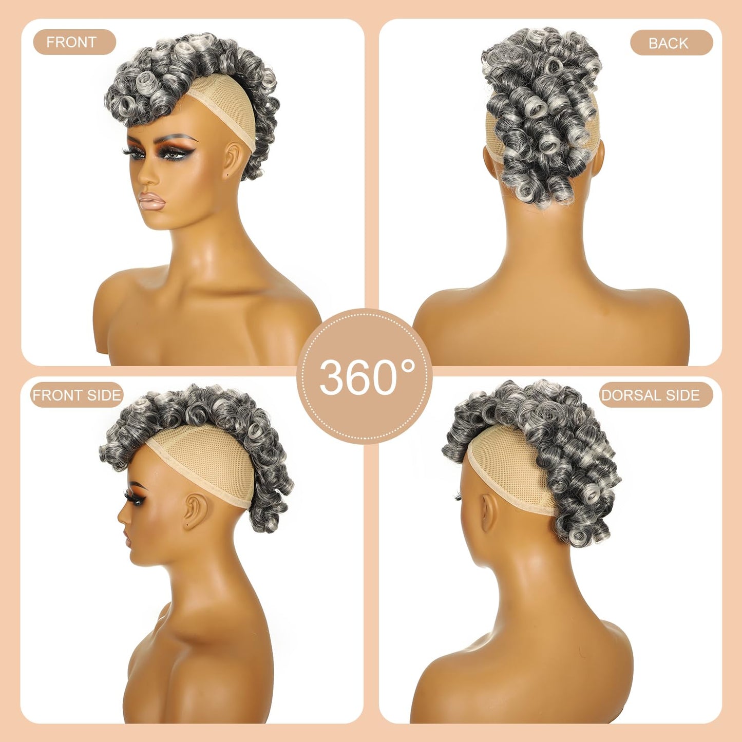 Curly Gray Mohawk Wig - Short Synthetic Ponytail with Bangs | Fluffy Kinky Curly Hair Extension 1B/Grey