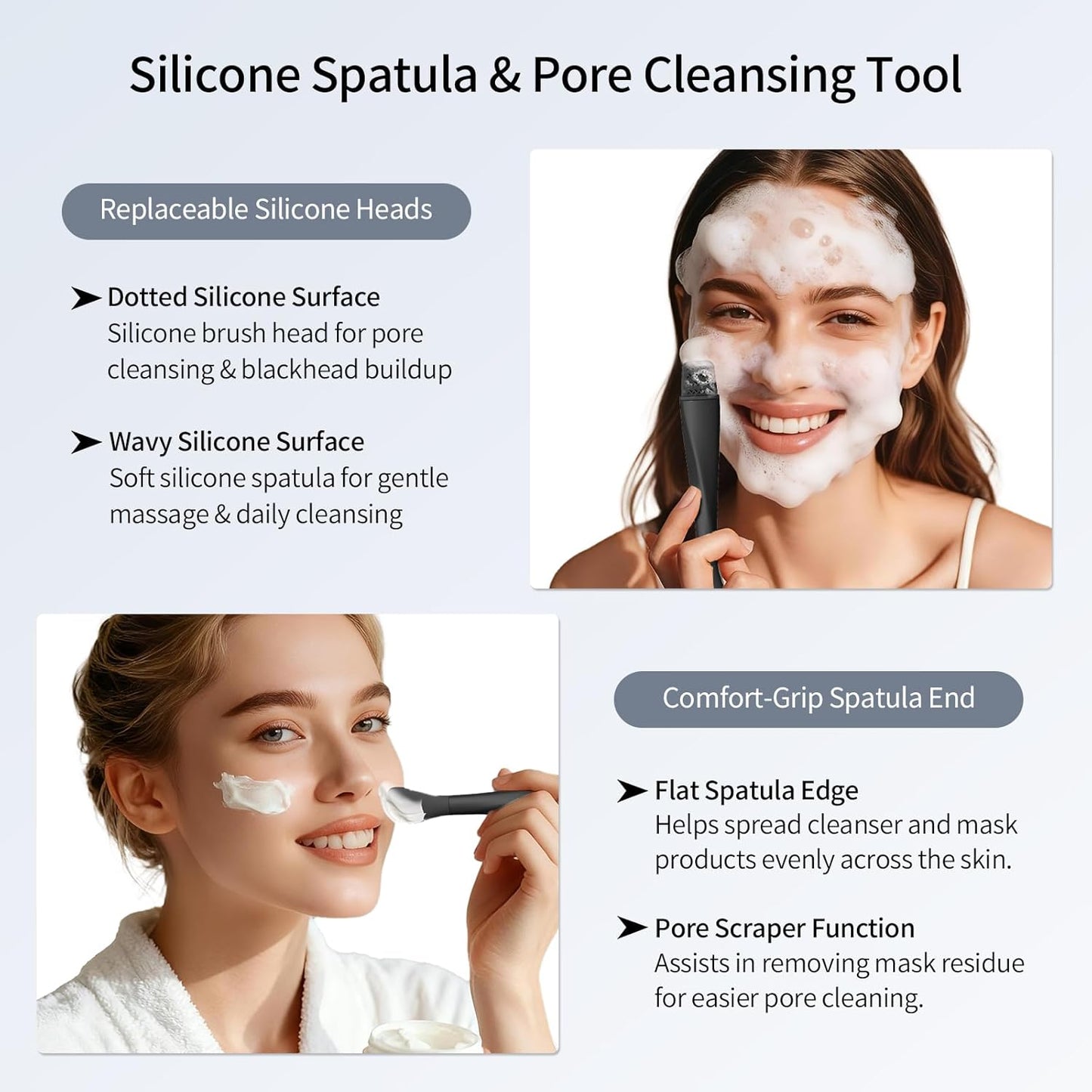 Blackhead Remover Tool - Stainless Steel Face Scraper & Skin Scrubber | 3-in-1 Deep Cleansing Tool with Mask Applicator & 2 Silicone Heads (Black)