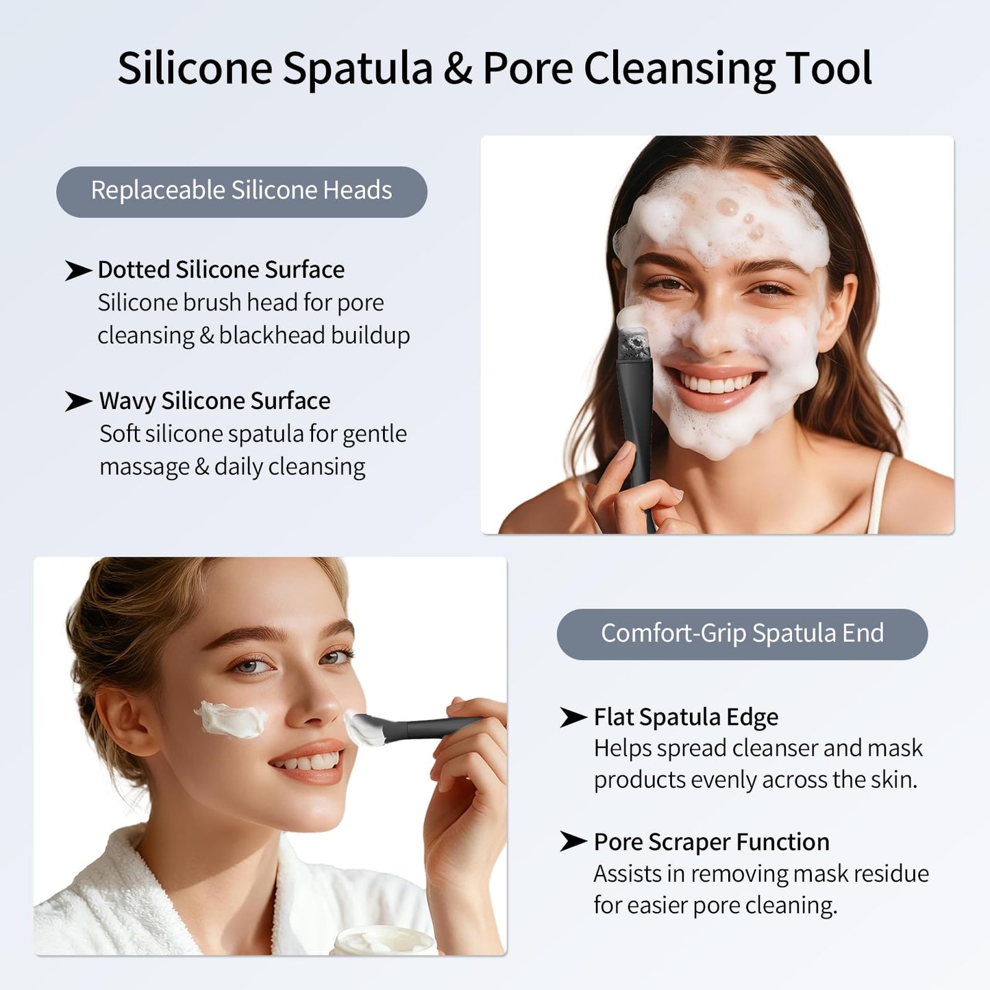 Vangines Blackhead Remover Tool, Stainless Steel Face Scraper, Skin Scrubber Face Spatula for Deep Cleansing, 3-in-1 Skin Care Tool with Blackhead Scraper, Mask Applicator & 2 Silicone Heads (Black)