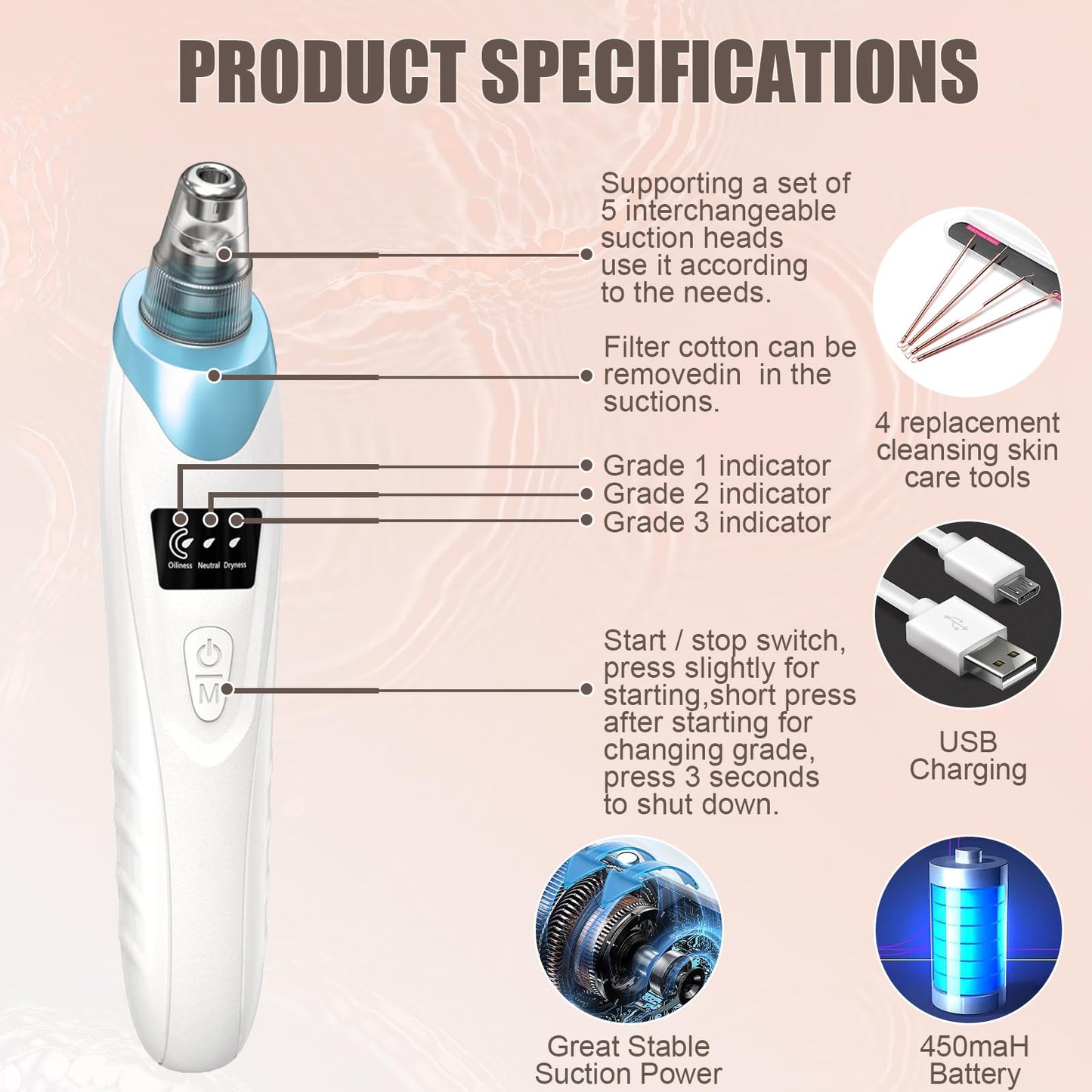 2026 Blackhead Remover Pore Vacuum,Facial Pore Cleaner-5 Suction Power,5 Probes,USB Rechargeable Blackhead Vacuum Kit Electric Pore Vacuum Tool for Adult