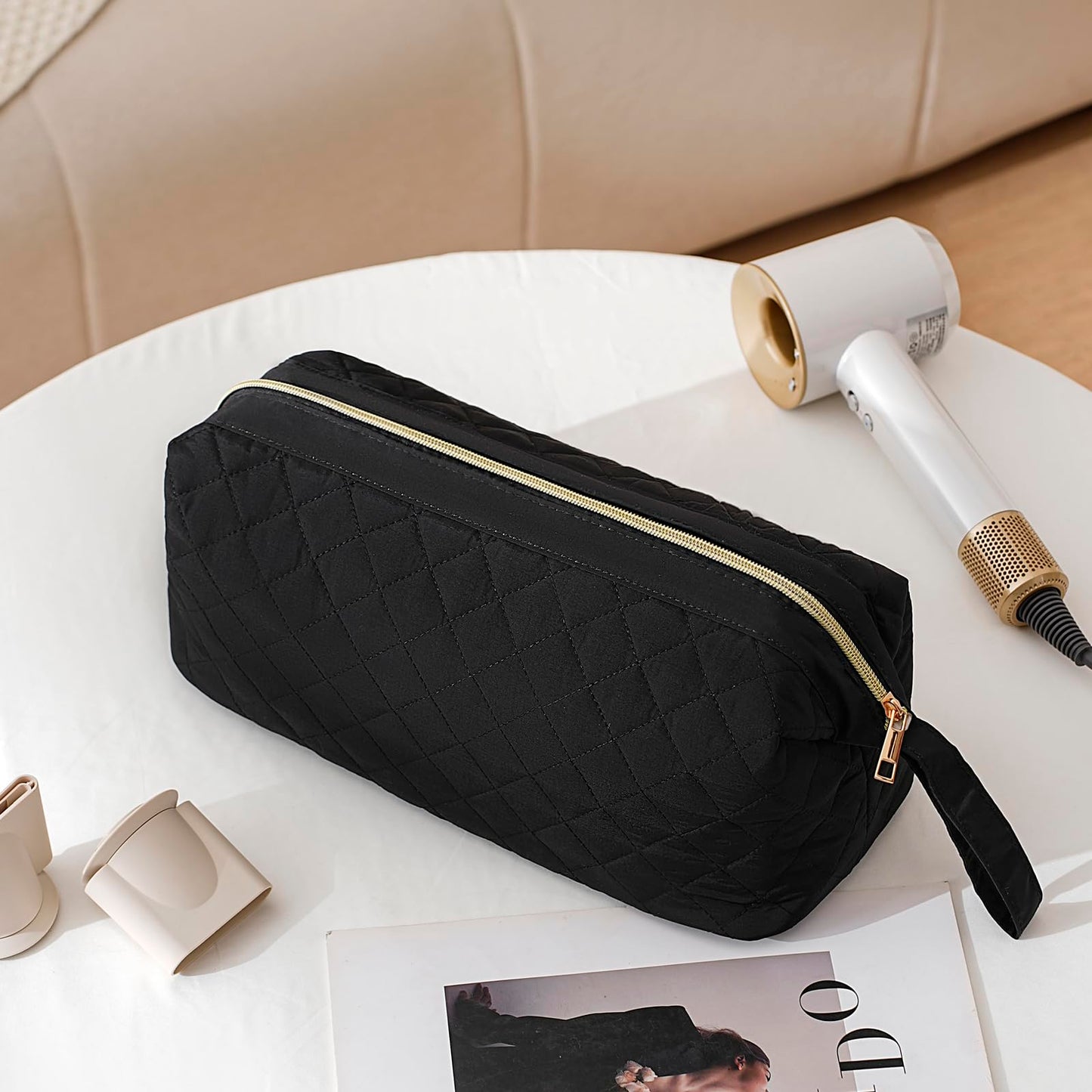 Lestikave Large QuiltedHair Tools Travel Bag, Water-resistant Hair Styling Accessories Storage Case for Flat Irons,Straightener,Curling Iron,Hair Dryer and Attachments, Cute Portable Organizer(Black)