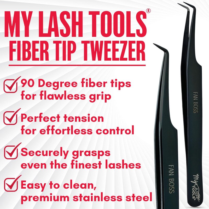 My Lash Tools 90 Degree Volume Fiber Tip Lash Tweezer – FAN BOSS, Non Slip Grip Professional Eyelash Extension Tweezers for Mega Volume Fans, Lash Artist Precision Tool (Black)