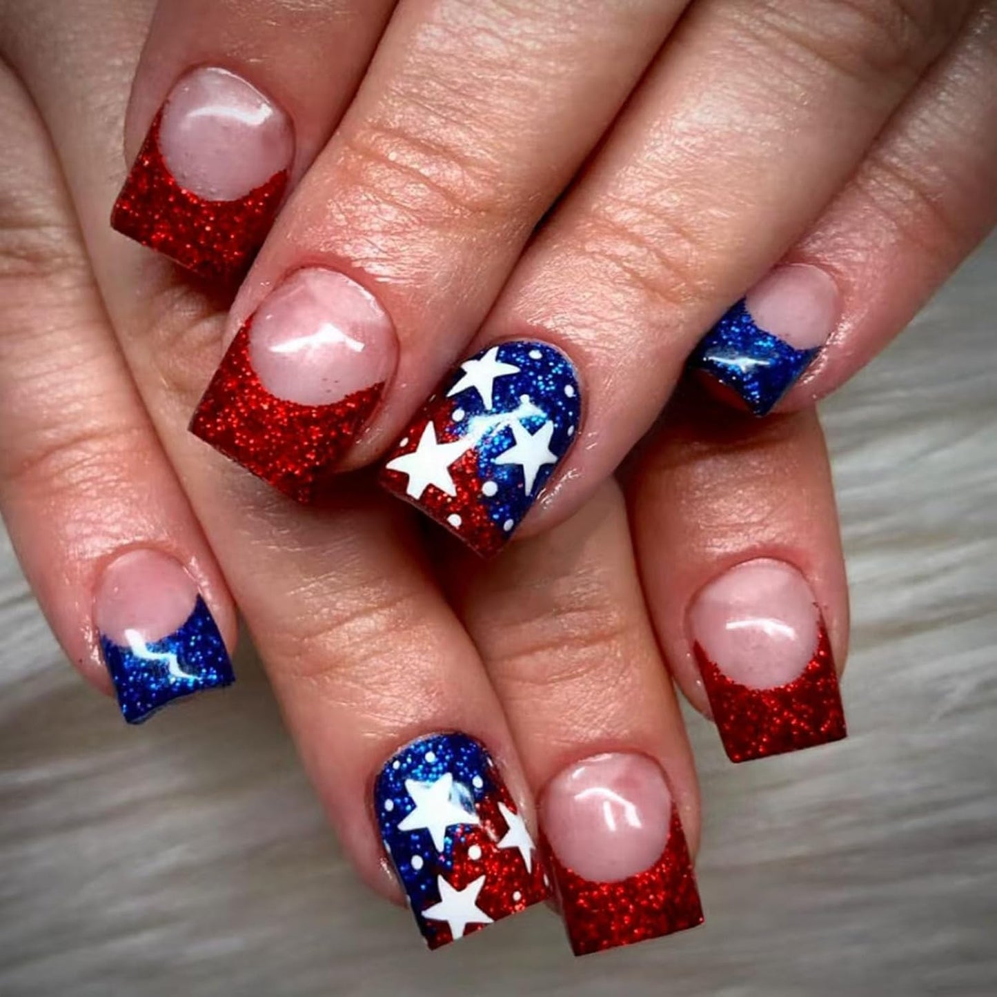 Press On Nails - Medium Square American Flag Glitter Design | 24Pcs Red, Blue & Gold 4th of July Fake Nails