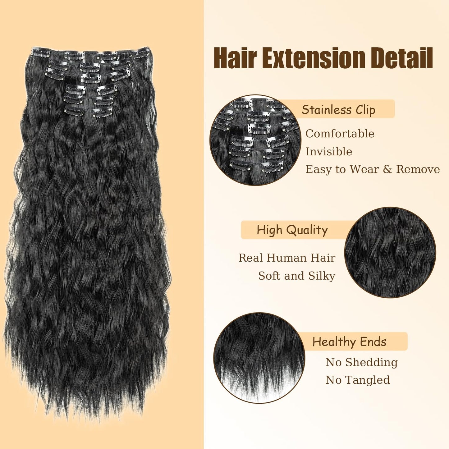 #1B Long Wave Clip in Hair Extensions Real Human Hair, 16 Inch 120g/7Pcs,Full Shine Remy Human Hair,Natural Black Clip ins Brazilian Virgin Human Hair Extensions